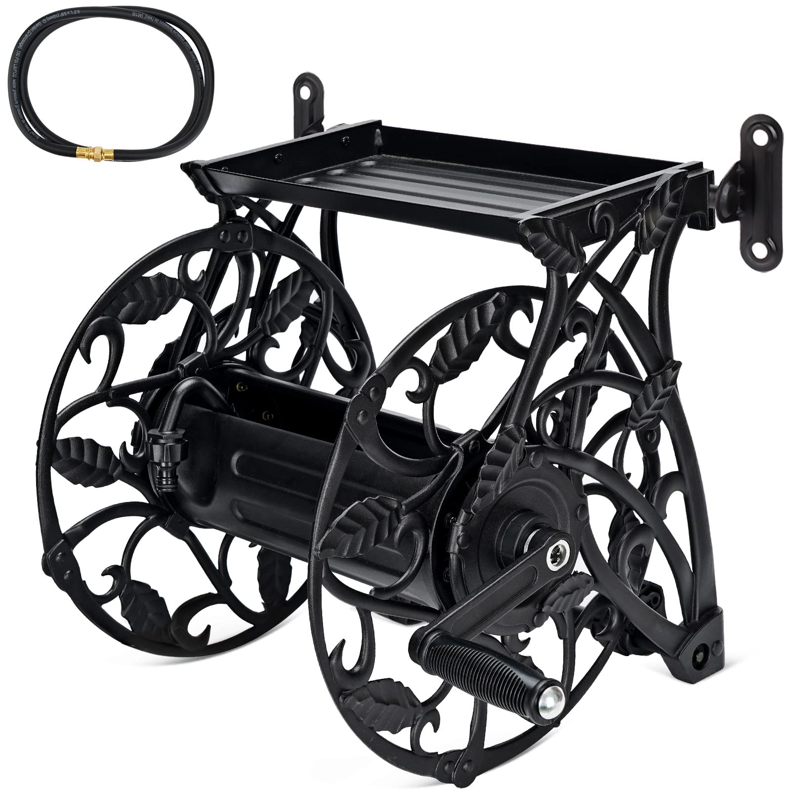 **Wall Mount Garden Hose Reel with 6.5ft Leader Hose & Storage Shelf – Holds 130ft of 5/8