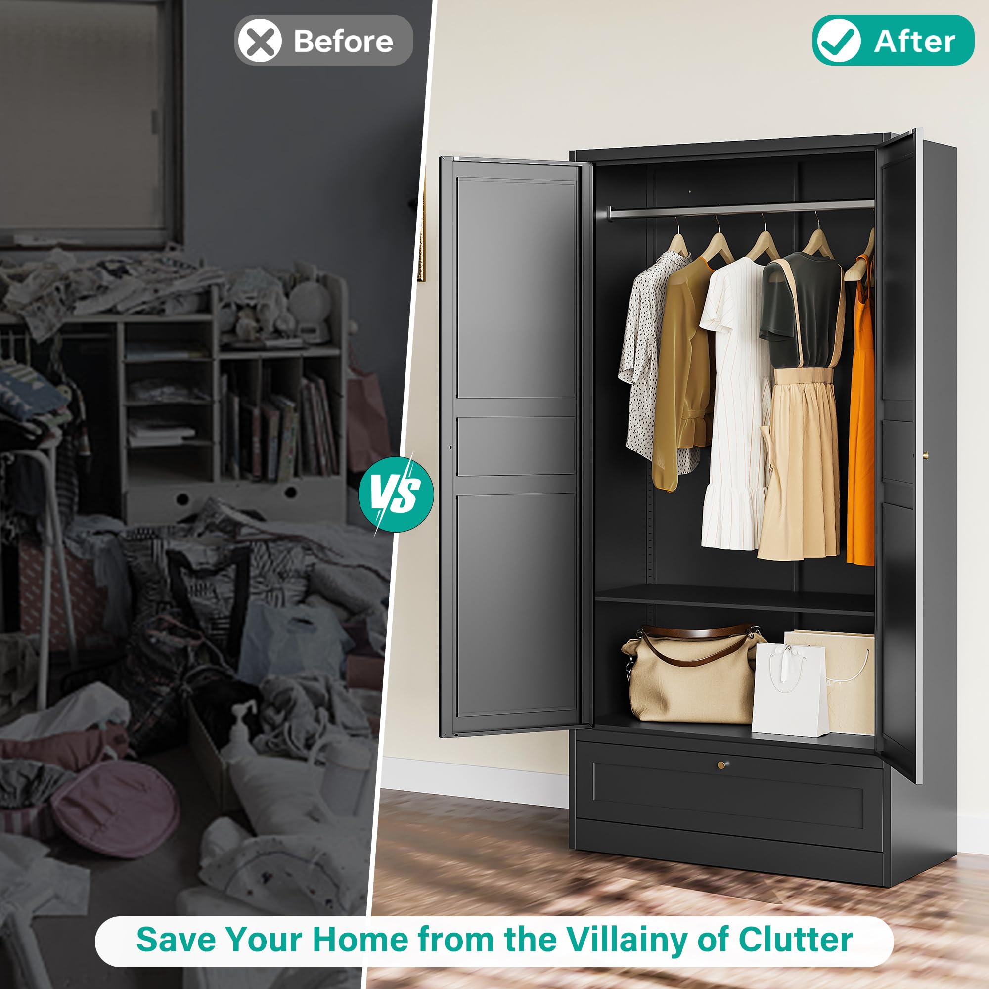 Black Metal Wardrobe Cabinet with Doors & Drawer - Adjustable Shelves & Hanging Rod for Bedroom Closet Storage | Home Organization & Clothing Armoire for Small Spaces