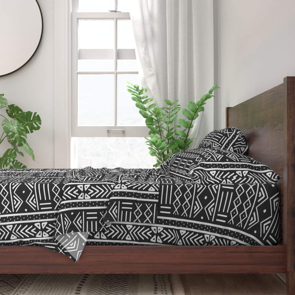 Premium 100% Cotton Twin Sheet Set - 3pc African Mudcloth Tribal Print in Charcoal Black & White Geometric Design | Soft & Breathable Bedding for Home, Dorm, or Guest Room