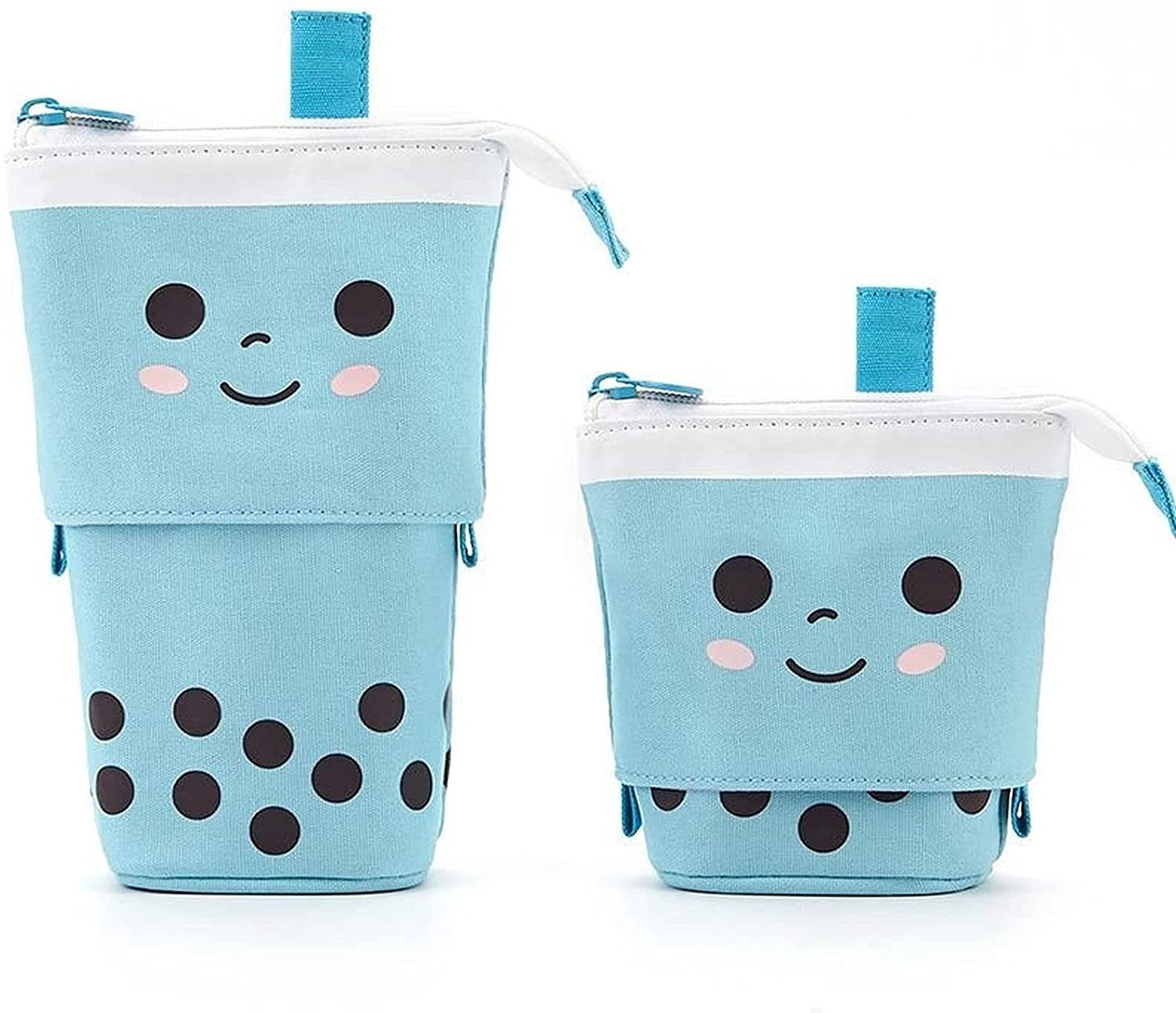 **Kawaii Bubble Tea Pencil Case - Cute Standing Pen Holder & Makeup Bag for School, Cosmetics, and Stationery Organizer - Pop Up Design with Smile Face - Perfect for Kids, Teens & Students (Blue) - Great for Back to School, Office & Travel**