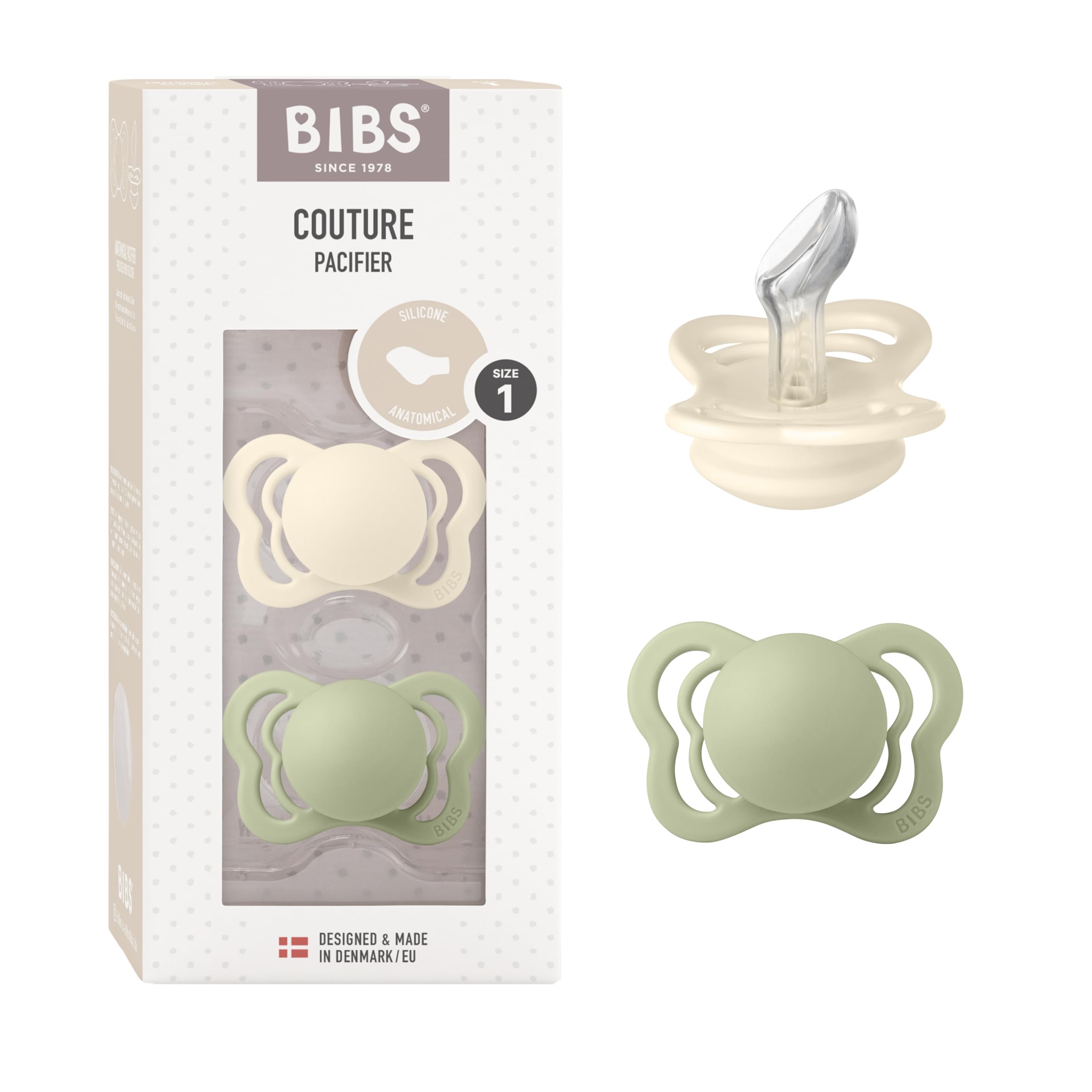 BIBS Couture Pacifiers 2-Pack, BPA-Free, Orthodontic Shape, Silicone, Made in Denmark for Babies 0-6 Months (Ivory/Sage) – Perfect for Soothing Newborns and Promoting Healthy Oral Development