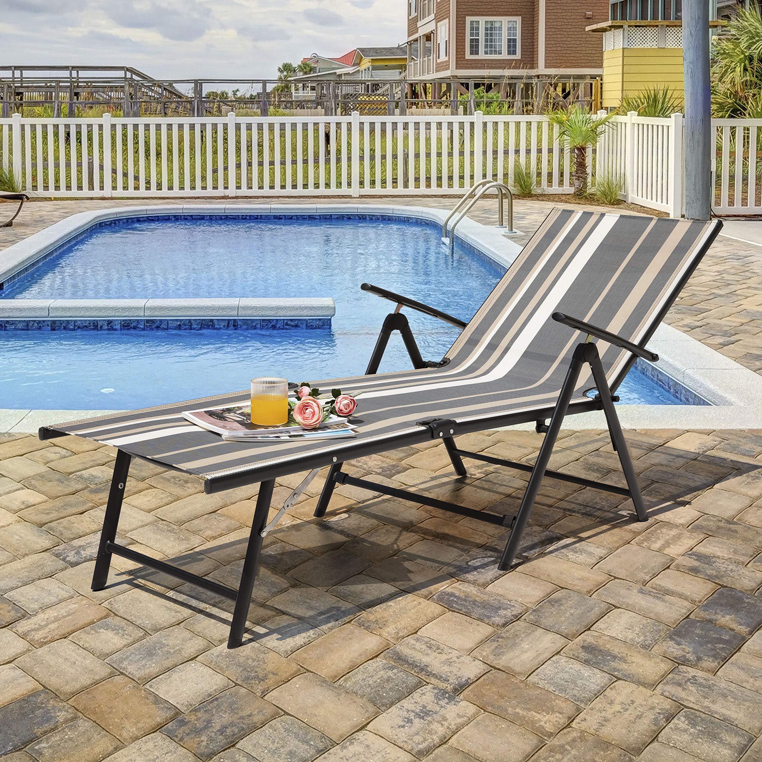 NUU GARDEN Outdoor Lounge Chairs Set of 2 - Adjustable Iron Frame & Textilene Fabric Zero Gravity Recliners - Perfect for Beach, Yard, Pool, Patio & Backyard Relaxation - Striped Design Comfortable Outdoor Furniture for Sunbathing & Lounging
