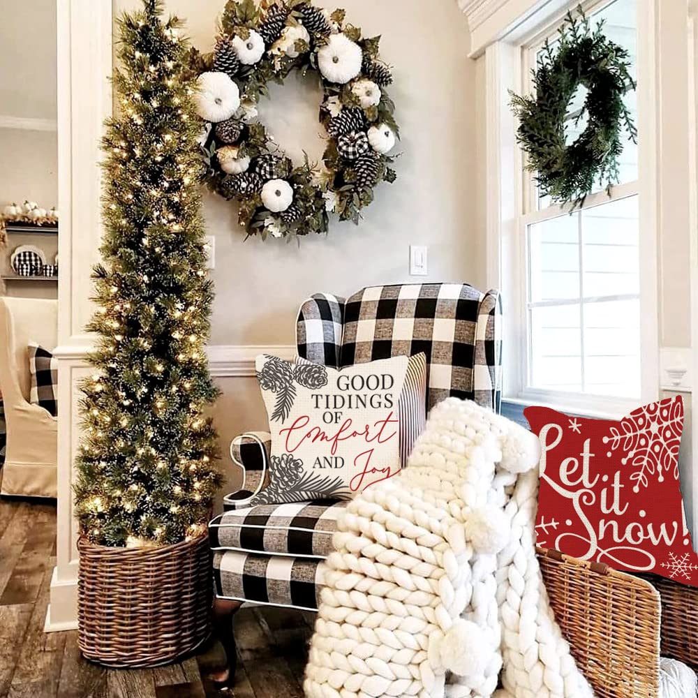 Farmhouse Christmas Throw Pillow Covers 18x18 Inch Set of 4 - Holiday Home Decor for Sofa, Couch & Bed - Cozy Seasonal Living Room & Bedroom Decoration