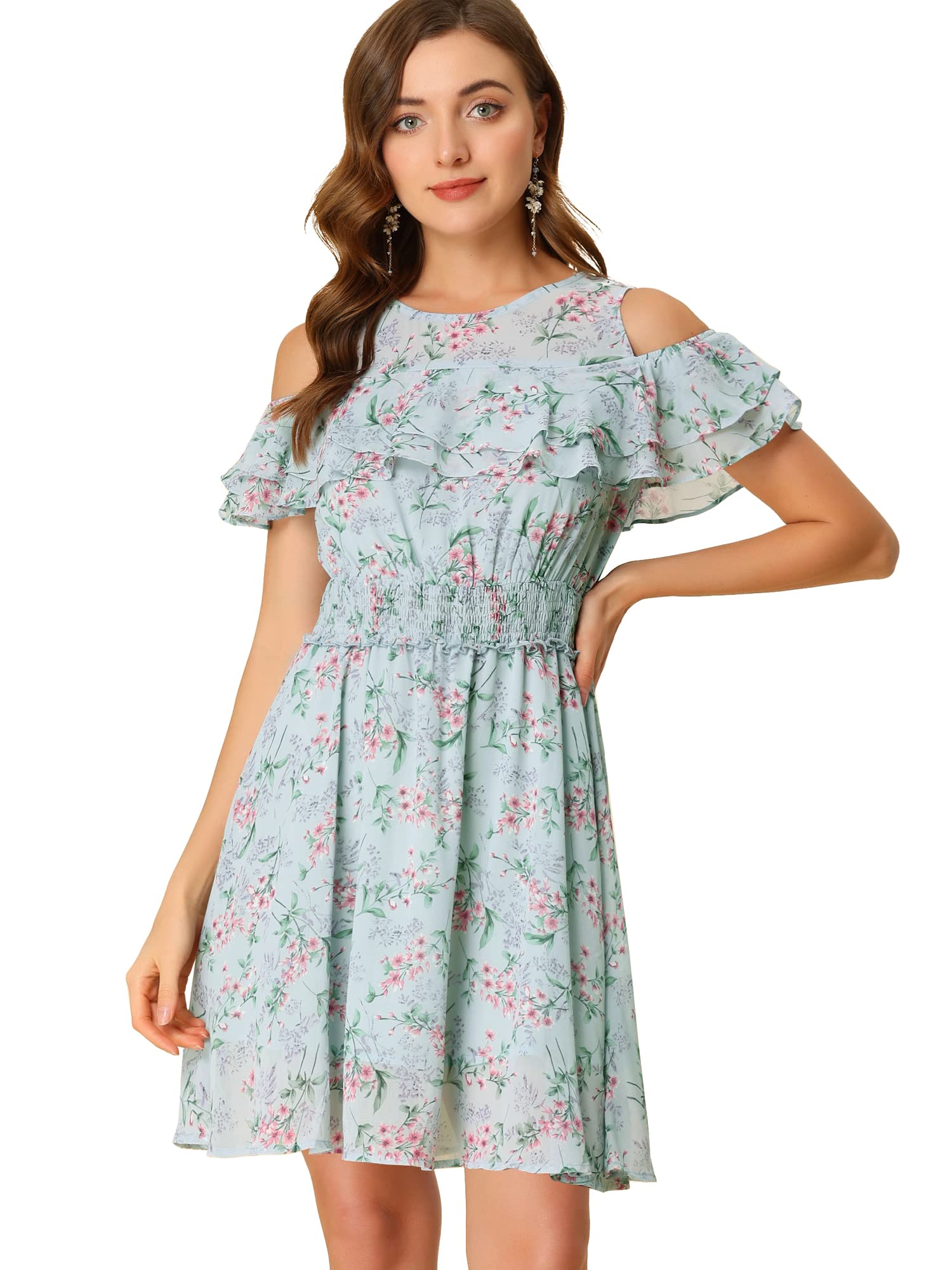 Allegra K Women's Summer Floral Chiffon Cold Shoulder Mini Dress with Smocked Waist - Perfect for Beach Vacations, Date Nights & Summer Parties