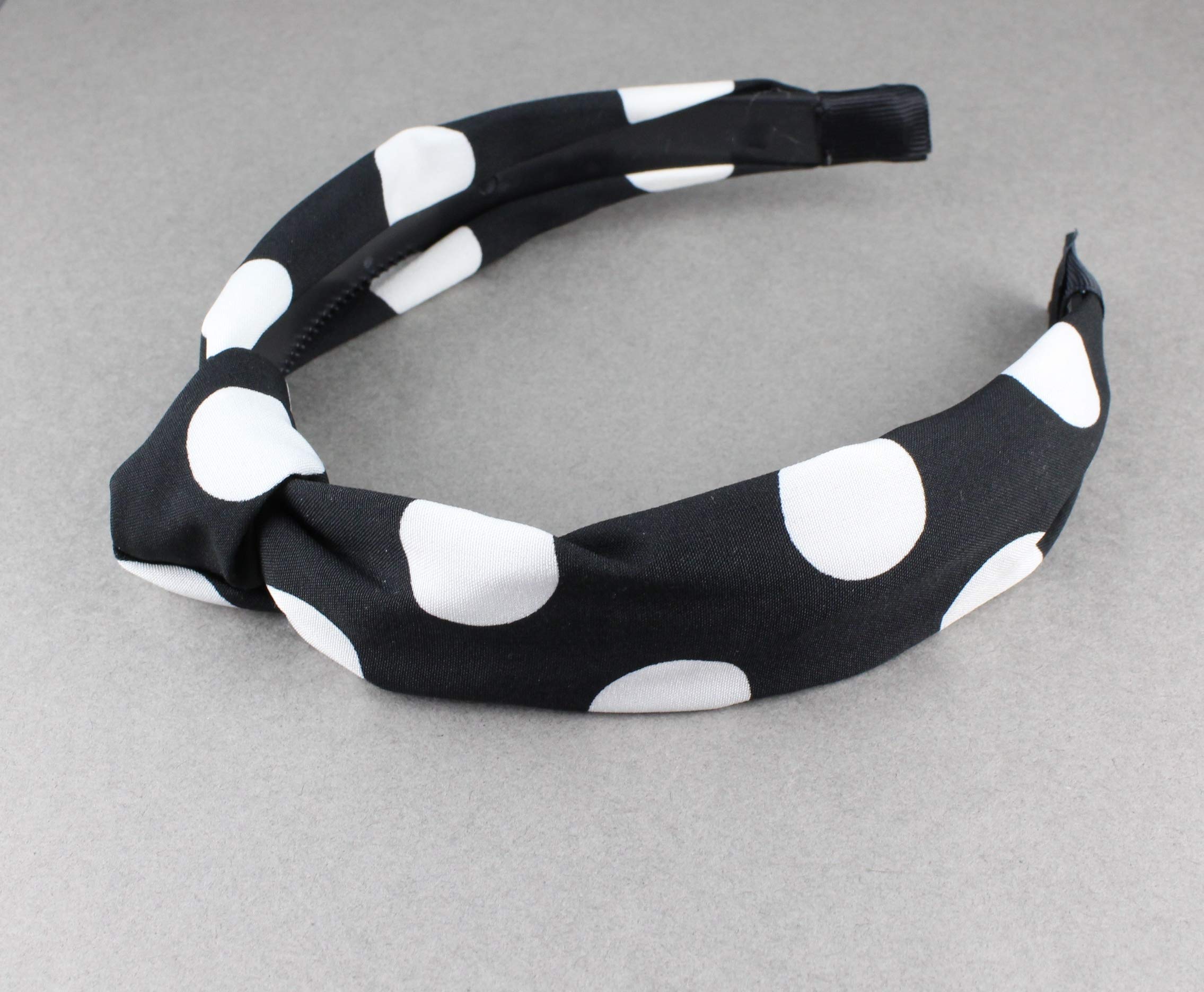 Black and White Turban Knot Headband with Polka Dot Pattern - Non-Slip Fabric Hair Band with Teeth Grip - Perfect for Yoga, Workouts, and Everyday Fashion Accessory
