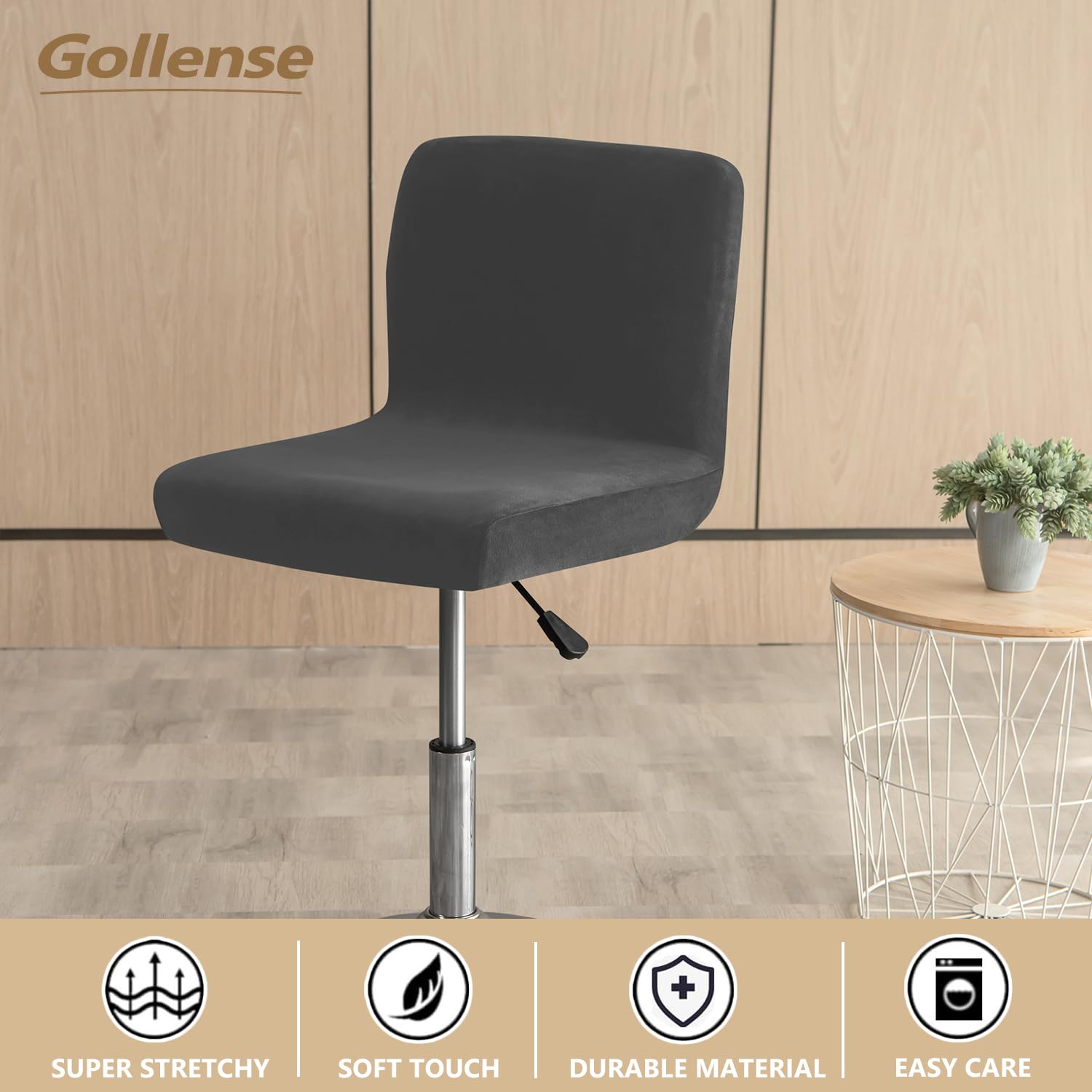 Gollense 4 Pack Velvet Stretch Bar Stool Covers with Backs - Washable Square Swivel Pub Counter Stool Chair Slipcovers with Elastic Bottom for Low Short Back Chairs (Black) | Perfect for Home Bars, Kitchen Islands, and Dining Room Decor