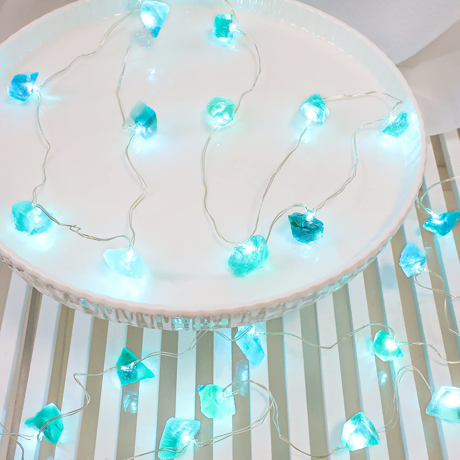 Crystal String Lights Battery Operated & USB Powered with Remote - 10FT 30 LED Fairy Lights with Sea Glass Fluorite Beads for Beach Theme Decor, Indoor Bedroom, Birthday Party & Wedding Decorations - Perfect for Home, Garden, Patio and Holiday Lighting