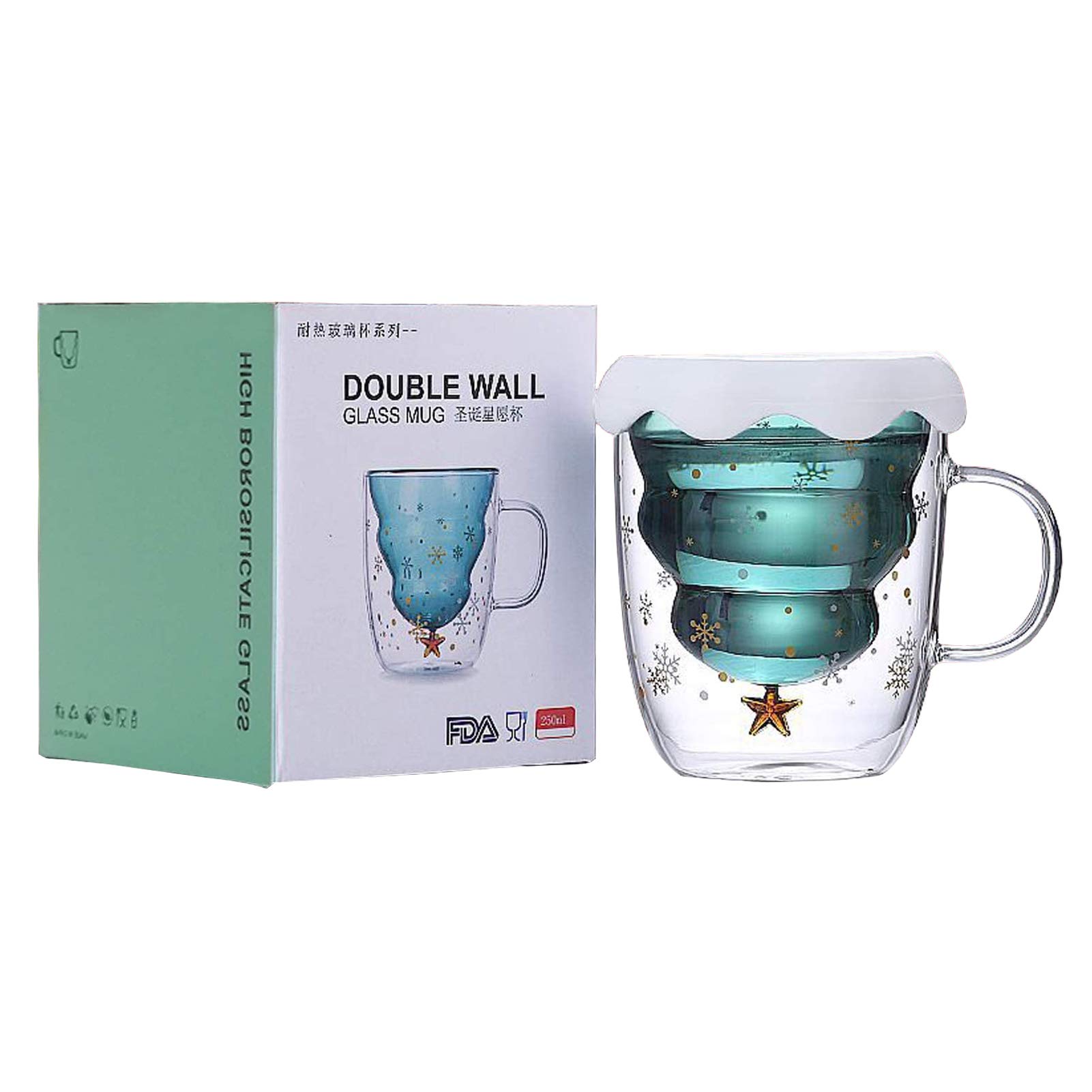 Christmas Tree Shaped Double Wall Coffee Glass Mug - Insulated Cute Couple Cup for Hot & Cold Drinks - Romantic Valentine's Day, Christmas & Birthday Gift (Blue) - Perfect for Holiday Coffee Dates, Cozy Winter Mornings & Couple Gift Exchanges