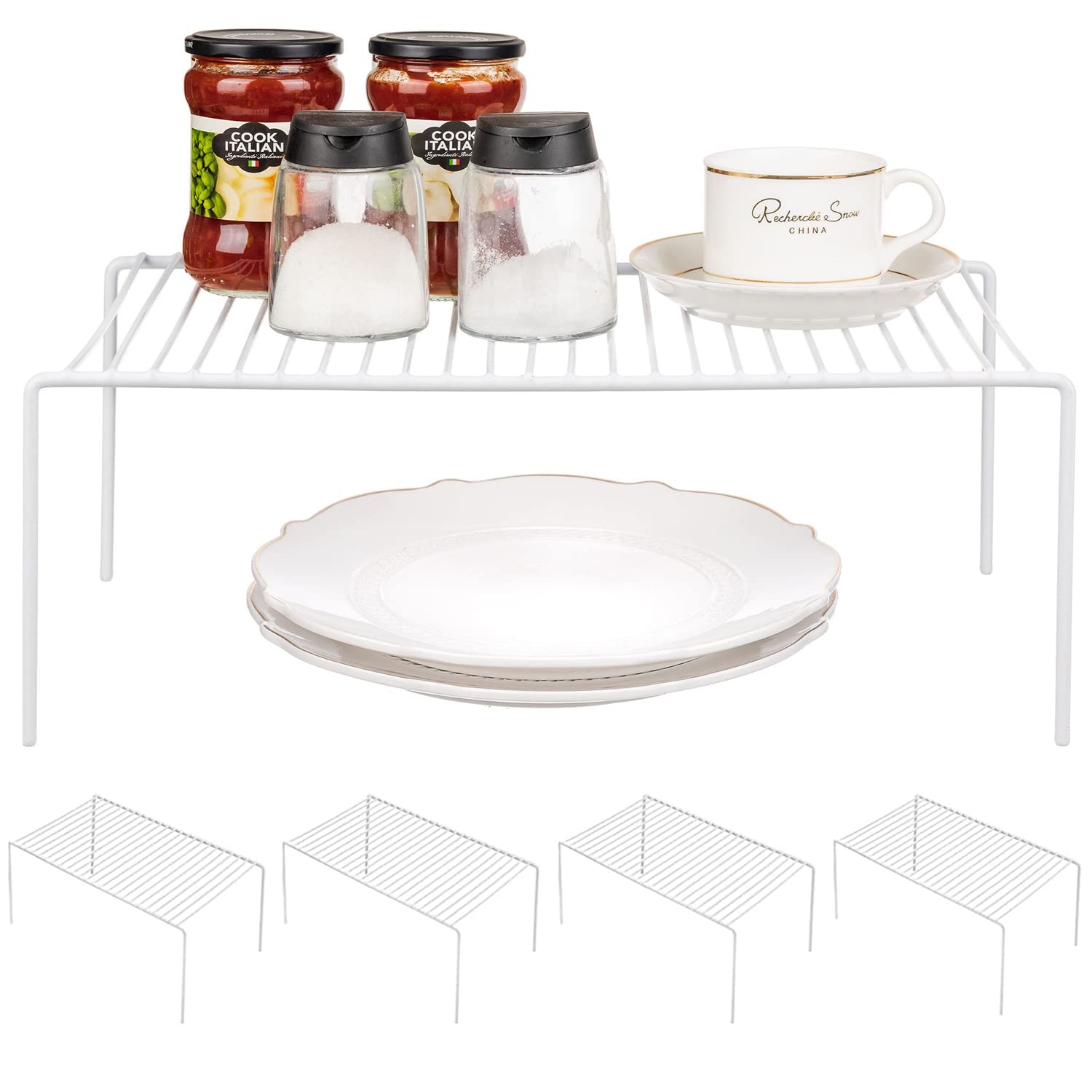5-Pack Large Metal Wire Kitchen Cabinet Shelf Organizer Set (15.7 x 9.4 Inch) - Pantry Storage Shelves, Dish Plate Racks for Cabinets, Freezer, Counter & Cupboard - Perfect for Organizing Spices, Canned Goods & Kitchenware - White