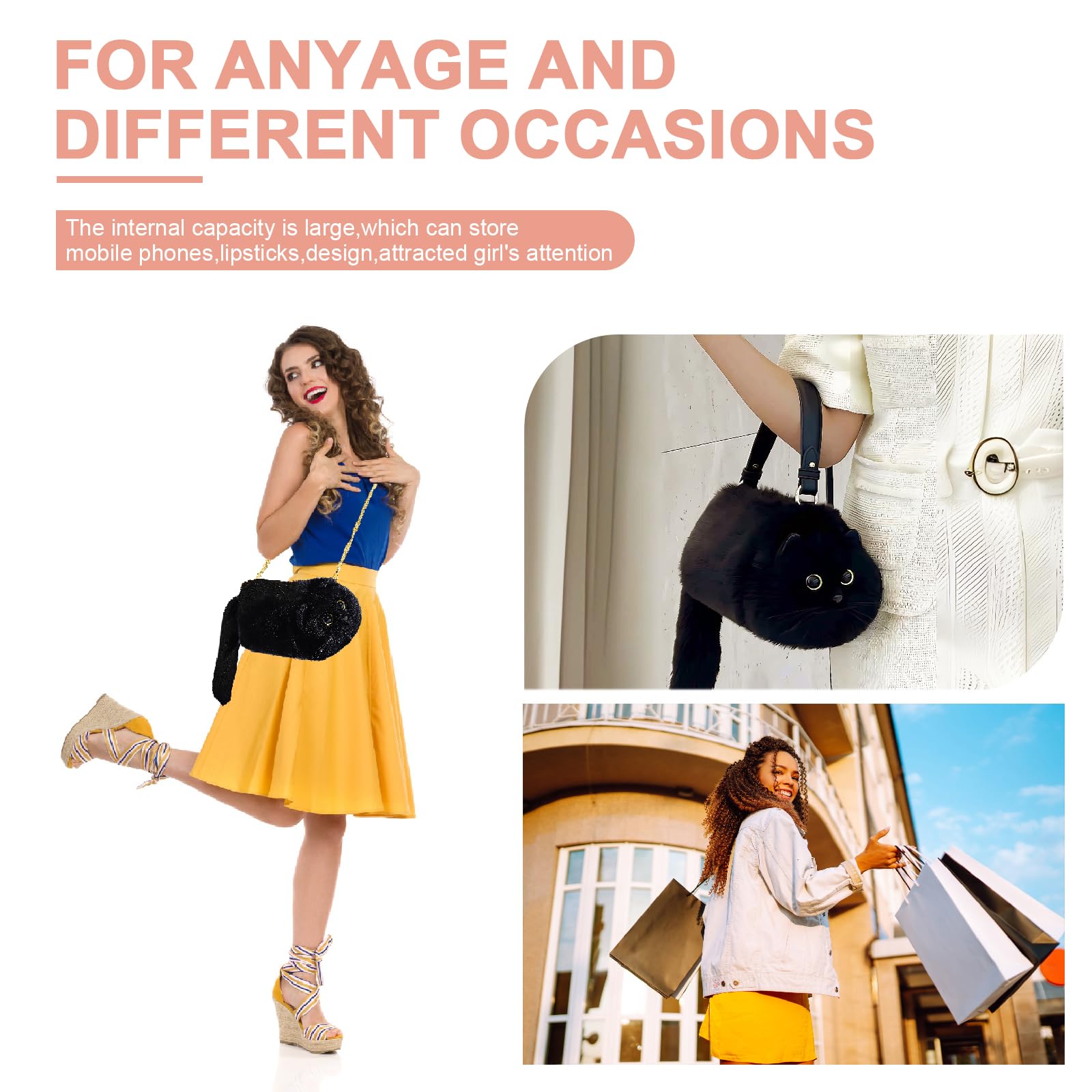 Stylish Furry Cat Purse for Women & Girls - Cute Kitty Shaped Shoulder Handbag for Casual Outings & Cat Lovers