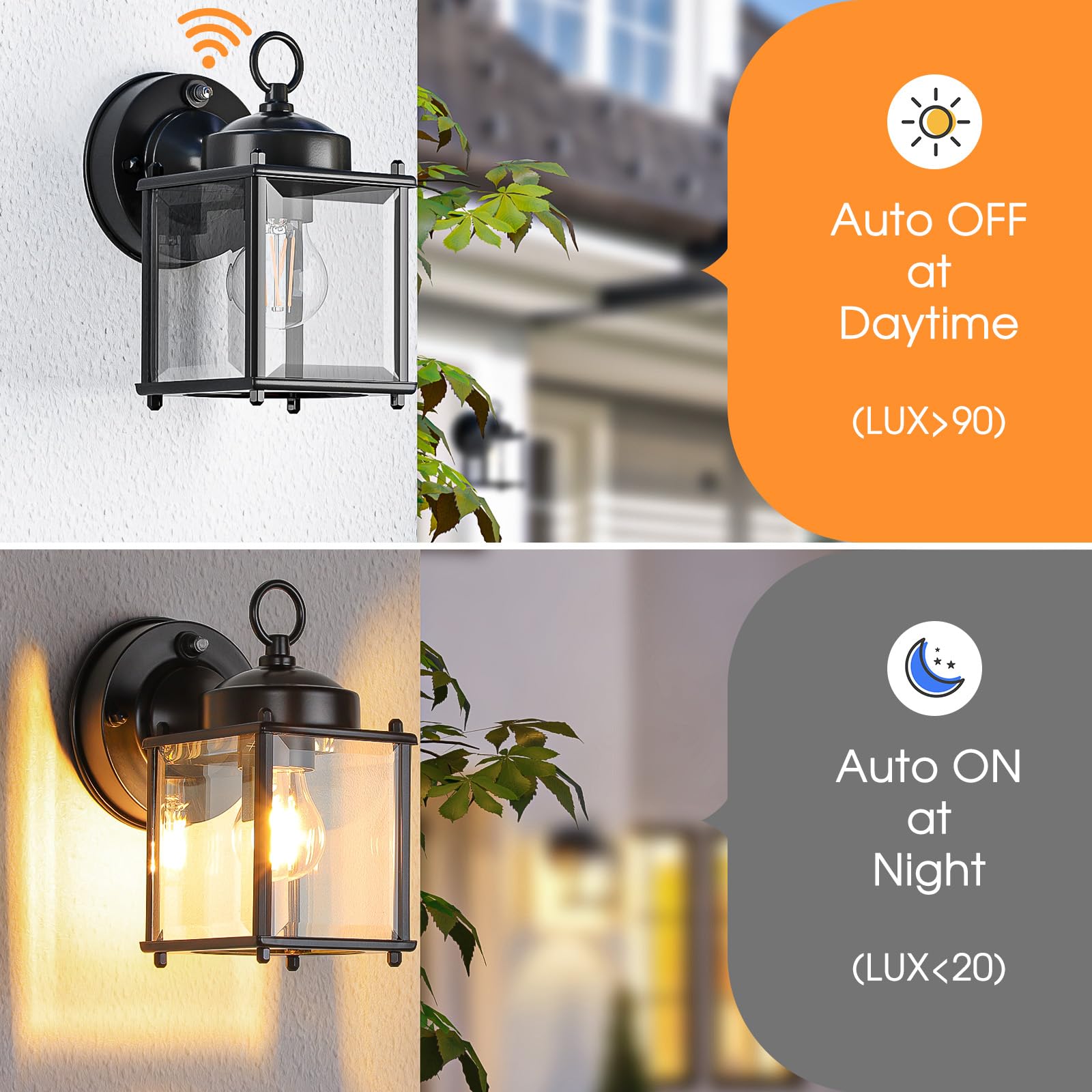 **Dusk to Dawn Sensor Outdoor Wall Sconce - Waterproof Exterior Wall Mount Lantern with Clear Beveled Glass - Black Front Porch Lights (2 Pack) - Perfect for Patio, Garden, and Entryway Lighting**