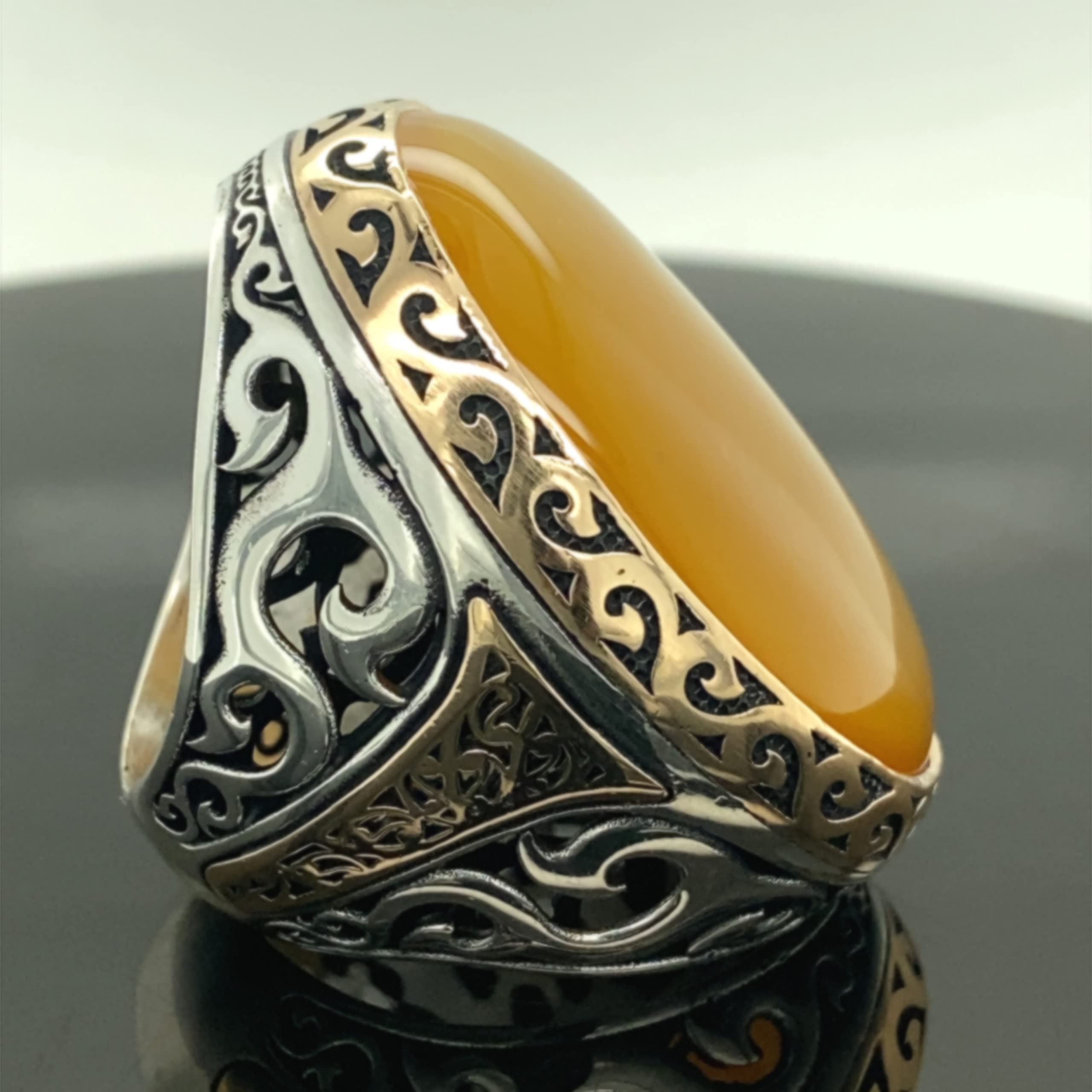 Handmade Men's Agate Stone Ring - Large Yellow Agate Ottoman Style 925 Sterling Silver Jewelry for Men | Perfect Gift for Him, Birthday, Anniversary & Special Occasions | Ideal for Weddings, Parties & Everyday Wear