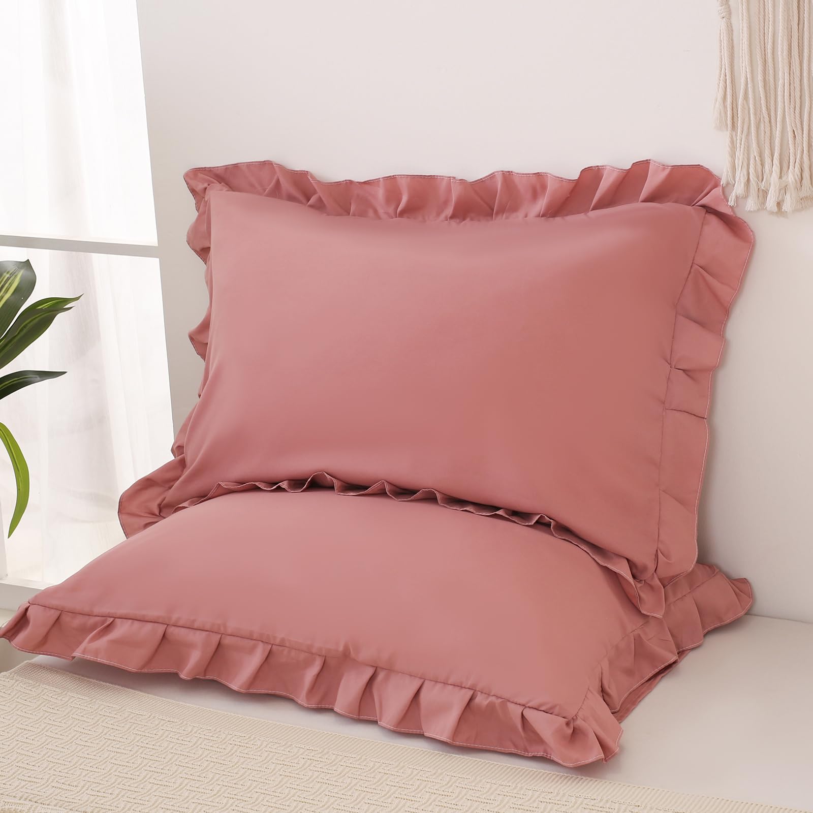 Pink Mocha Pillow Shams - Soft Ruffled Standard Pillowcase Set of 2 (Queen 20x30 Inches) - Shabby Chic Bedding, Solid Pink Pillow Covers for Cozy Bedroom Decor & Guest Room Styling