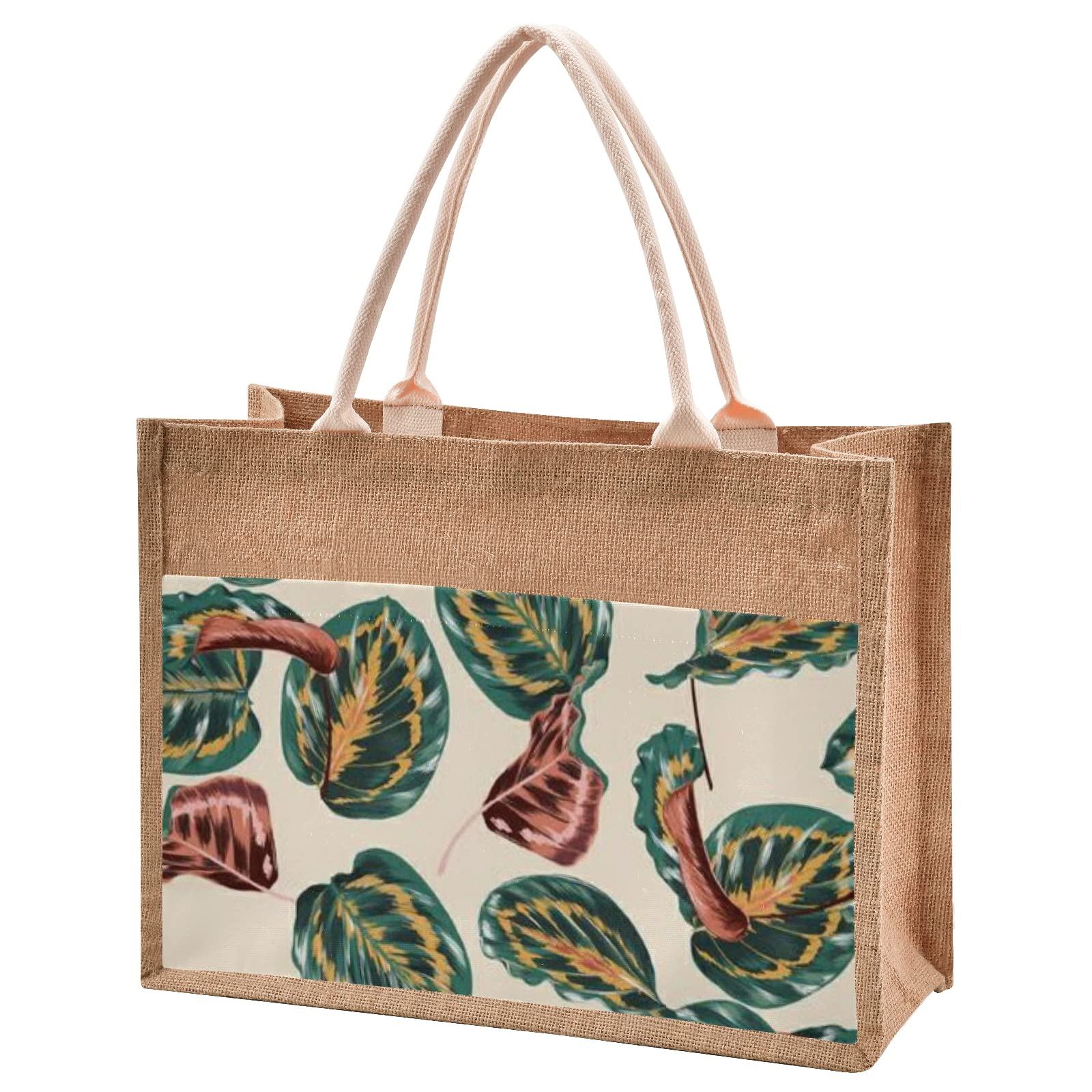 RunningBear Botanical Leaves Tropical Burlap Tote Bag - Eco-Friendly Jute Reusable Shopping Bag with Zipper & Handles for Picnic, Beach, Travel & Grocery | Durable Natural Fiber Bag for Women & Men