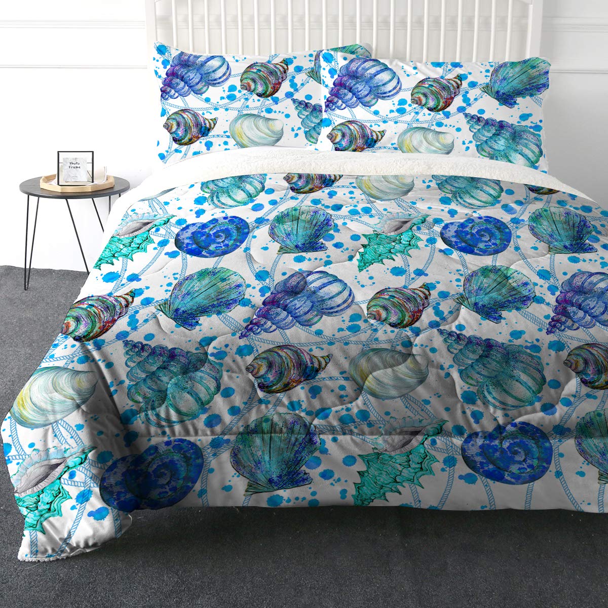 Super Soft Sherpa Comforter Set - Faux Fur Bedspread & 3D Lightweight Fuzzy Duvet Blanket with Polyester Filler - King Size (Ocean Seashell) - Cozy Winter Bedding for Master Bedroom & Guest Room