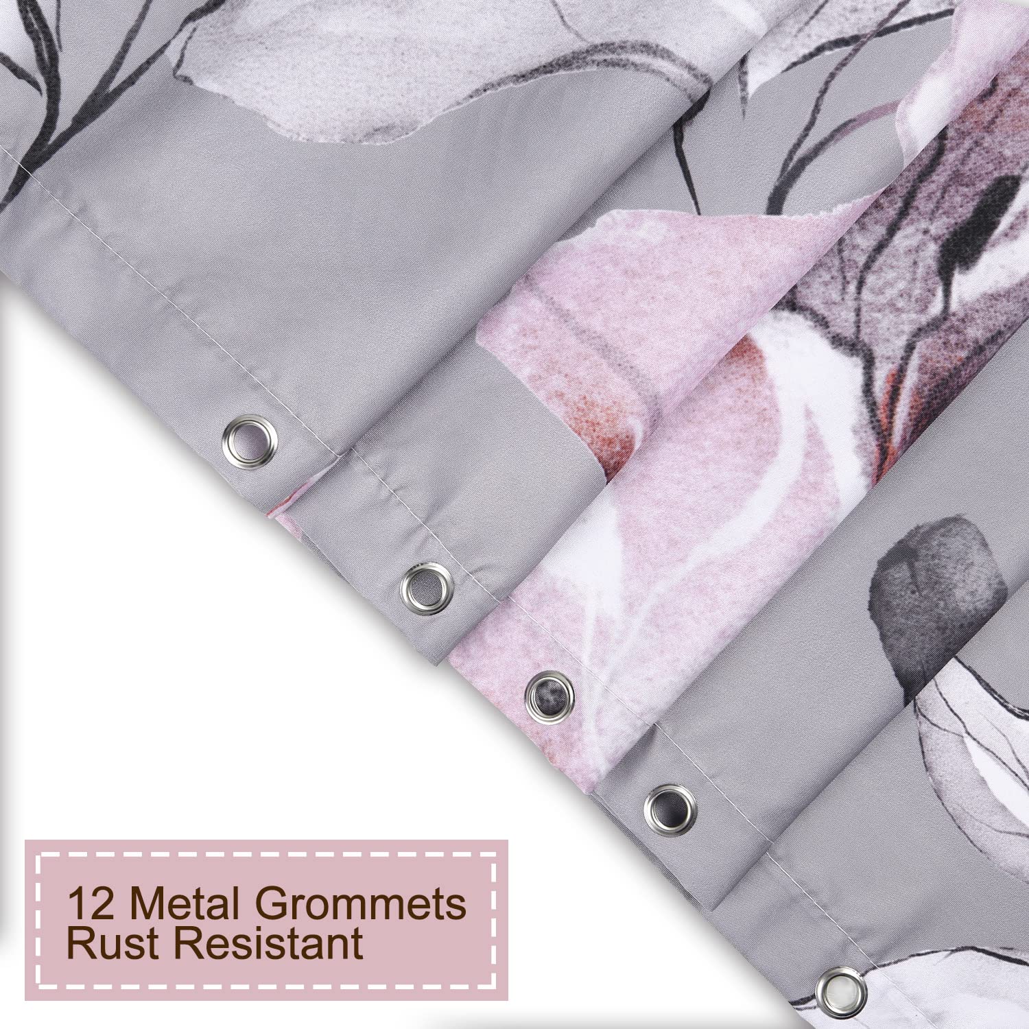 RosieLily Pink Floral Shower Curtain Set - Waterproof Grey Background Bathroom Decor with Hooks - 72x72 Inch Washable Fabric Shower Curtain for Modern Bathroom, Guest Bath, or Master Suite