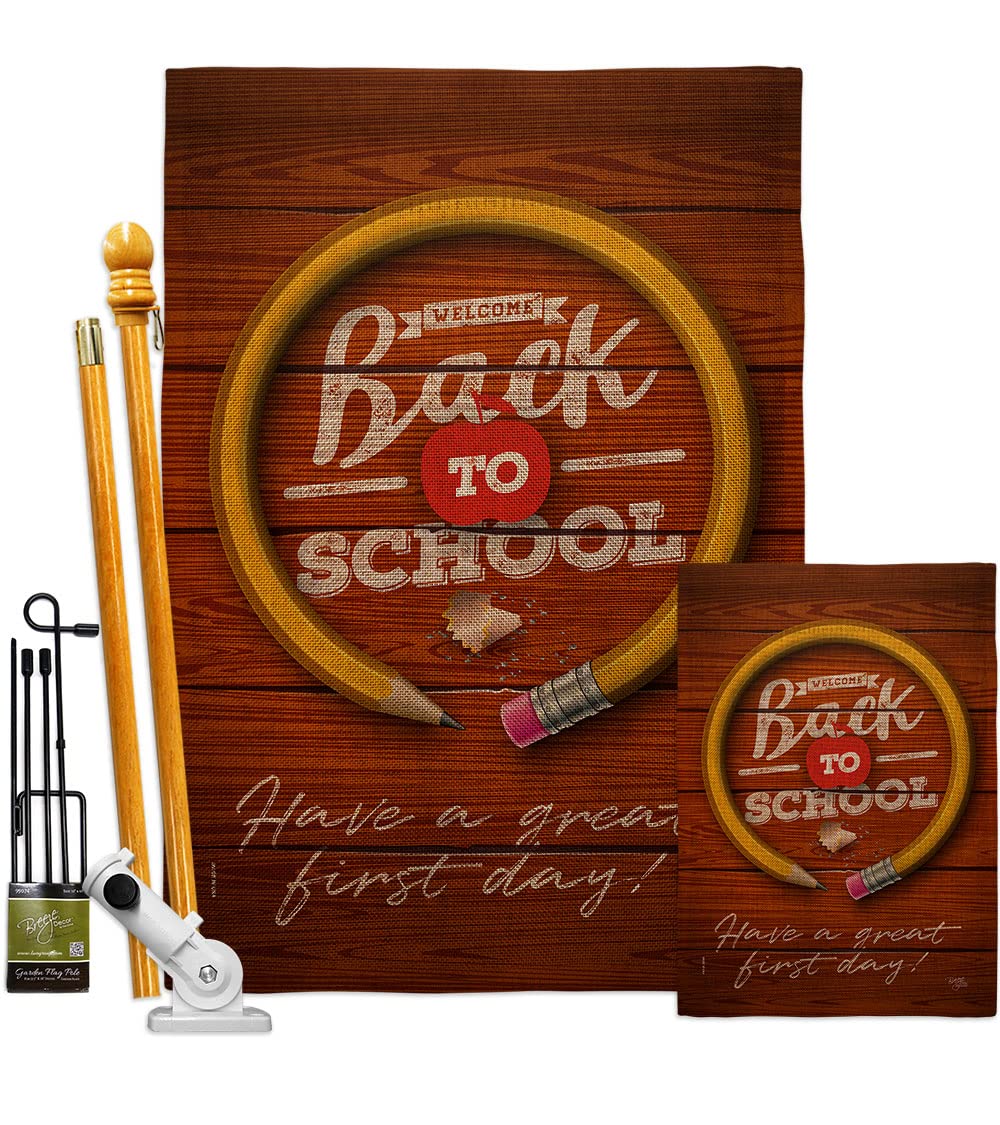 Breeze Decor First Day of School Burlap Garden House Flag - Double-Sided Back to School Banner for Teachers & Students | Classroom Decor, Yard Sign, Educational Gift | Made in USA | Perfect for School Open House, Teacher Appreciation & Classroom Celebrations