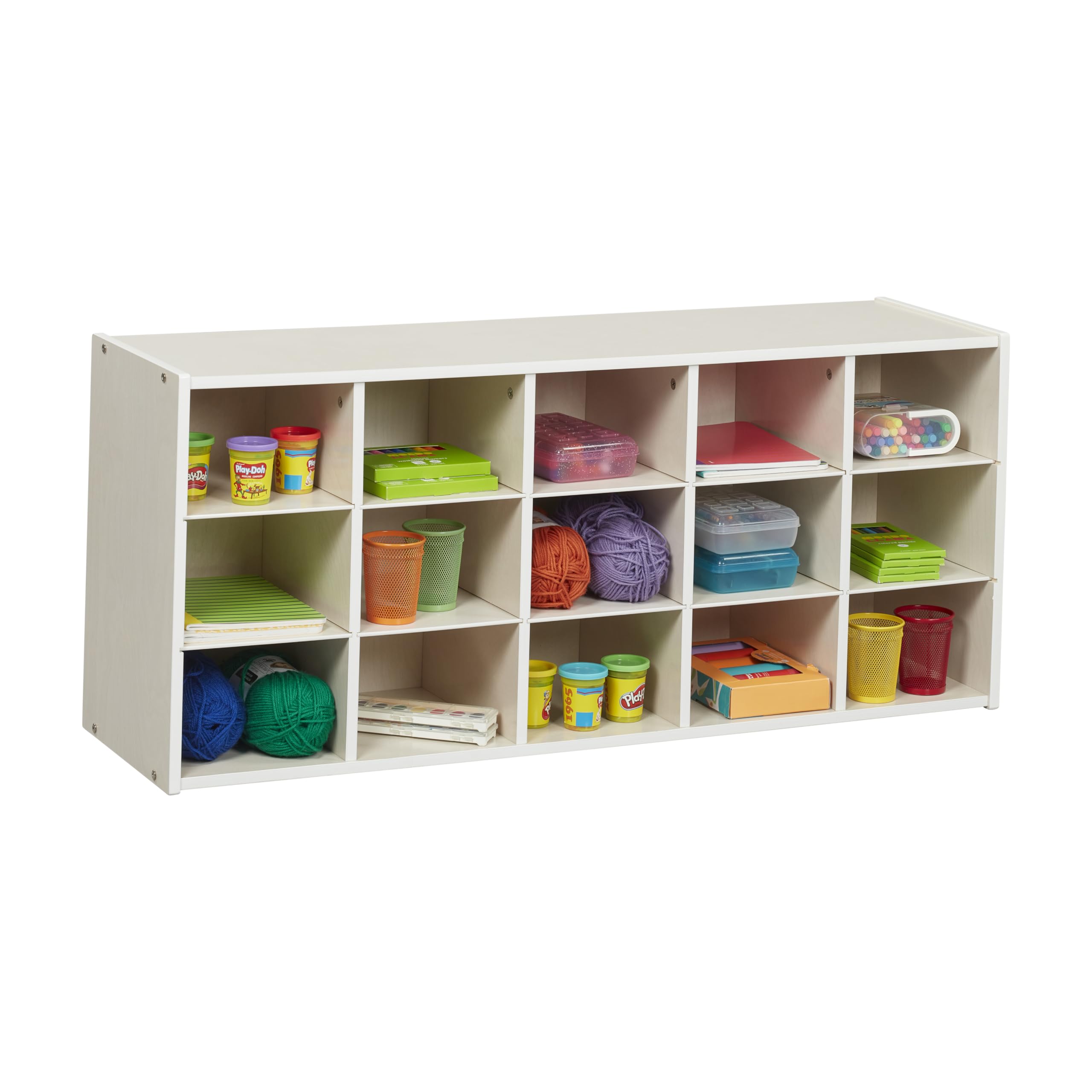 ECR4Kids 15-Cubby Storage Cabinet with Trays, 3x5 Organizer for Classroom, School, or Home - White Wash Finish - Perfect for Toys, Books, and School Supplies Storage
