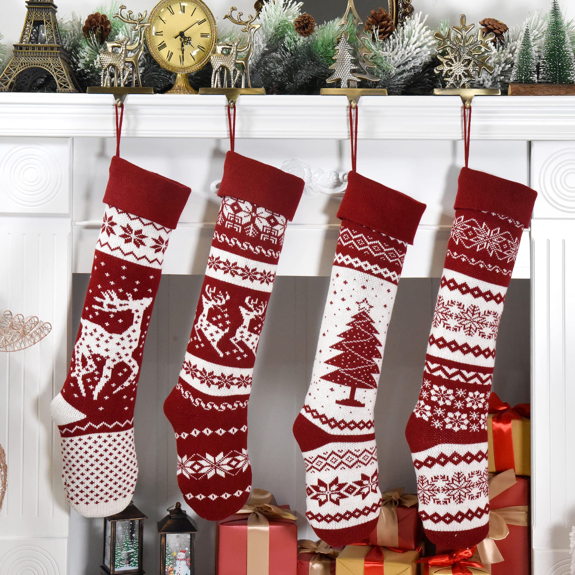 26-Inch Large Nordic Style Knitted Christmas Stockings - Burgundy & White Holiday Decor for Mantel, Wall, Staircase & Gift Stuffers | Perfect for Fireplace, Xmas Tree & Festive Home Decorating