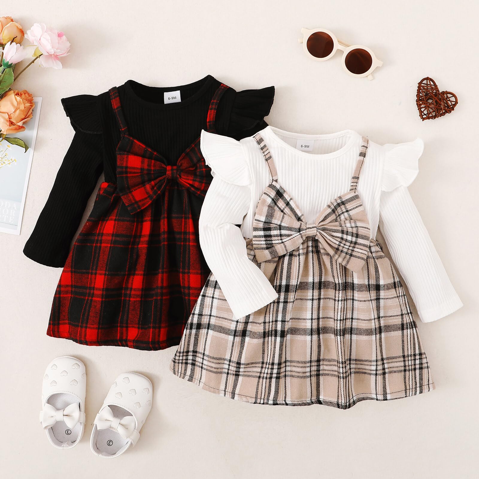 Puseky Baby Girl Long Sleeve Plaid Dress with Ruffles & Bowknot Strap - Cute Spring & Fall Outfit for Photoshoots, Parties & Daily Wear