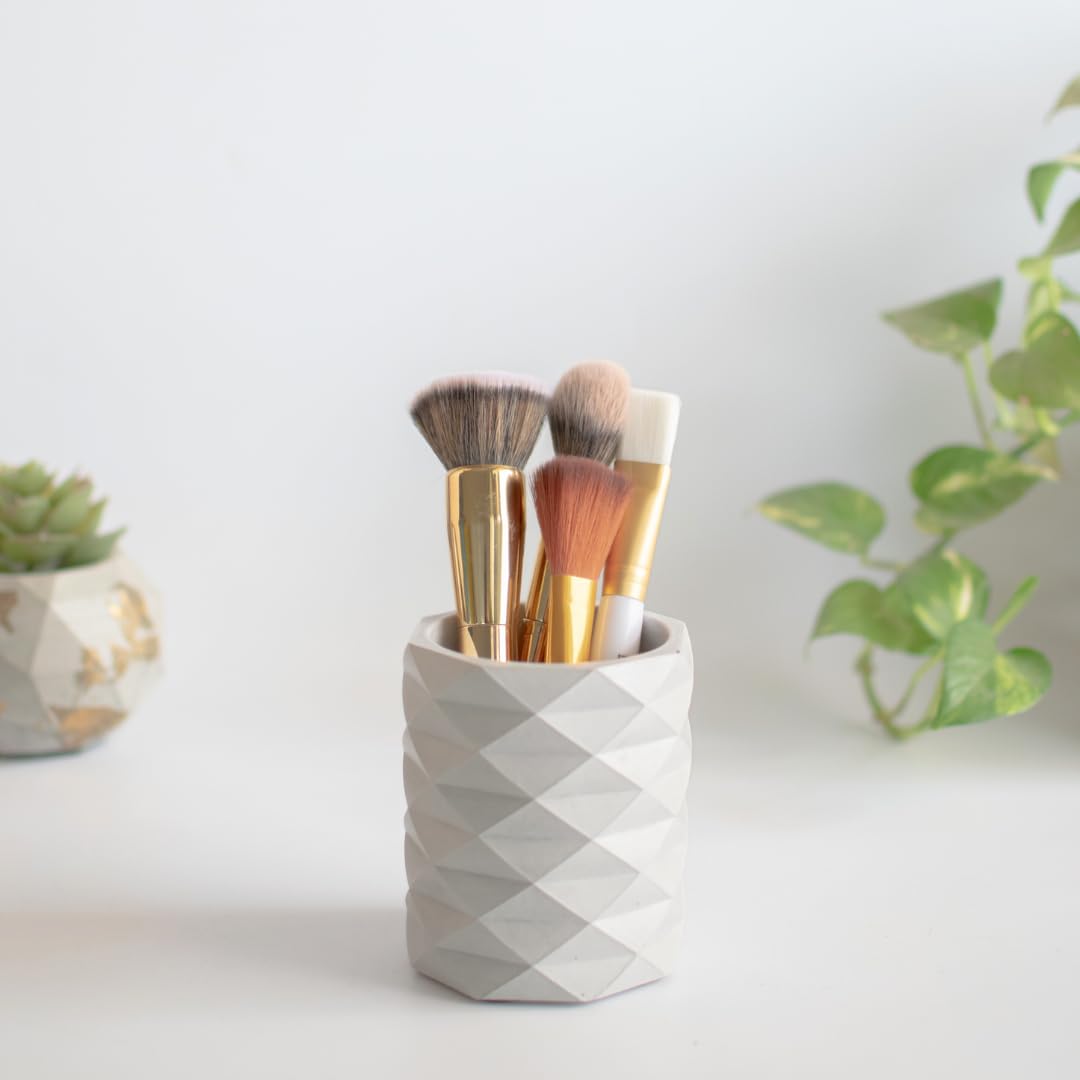 Dwell Dapper Geometric Concrete Toothbrush Holder - Handcrafted Multi-Purpose Organizer for Bathroom & Office (Pen Holder, Remote Control Stand) - Modern Grey Home Decor for Countertop & Desk Organization