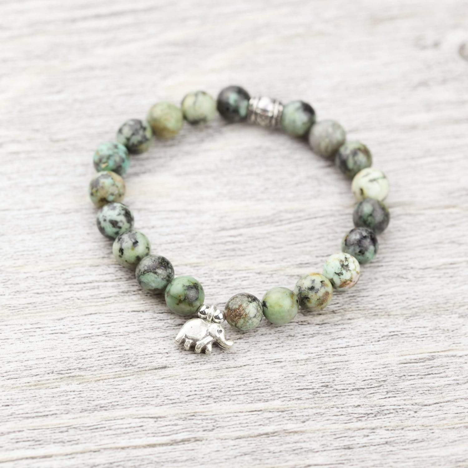 African Turquoise & Sterling Silver Elephant Wrist Mala Bracelet - Spiritual Meditation Yoga Jewelry for Women