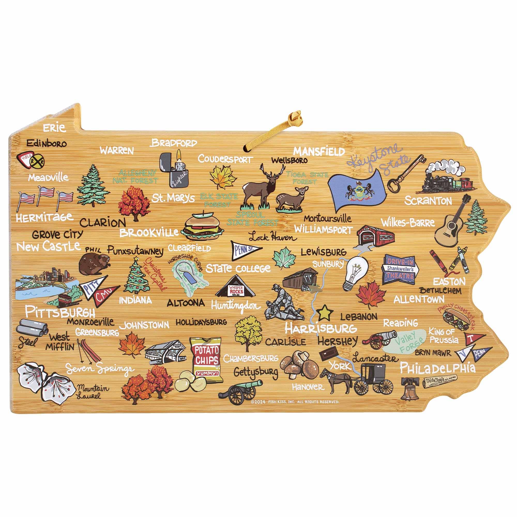Handcrafted Pennsylvania Wood Cutting Board with Fish Kiss™ Artwork - Durable Kitchen Essential for Chopping, Serving & Decor