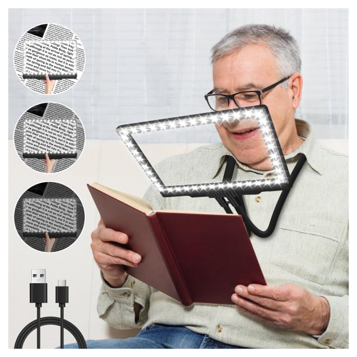 5X Hands Free Magnifying Glass with Light & Stand - 43 Ultra-Bright LED Page Magnifier for Reading, Crafts & Hobbies - Large Neck Wear Magnifier for Small Prints, Low Vision & Elderly (Black) - Perfect for Reading Books, Cross-Stitch, Jewelry Making & Close Work