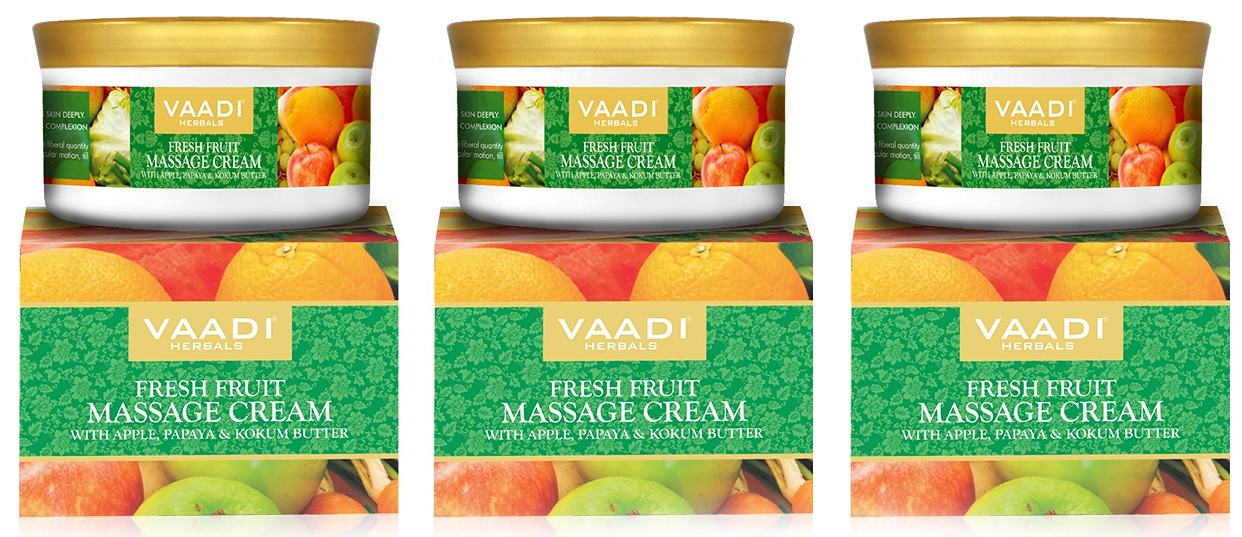 Vaadi Herbals Fresh Fruit Massage Cream Value Pack - 3 Pack with Apple, Papaya & Kokum Butter for Hydrating & Nourishing Skin | Perfect for Dry Skin Care, Spa Treatments & Daily Moisturizing