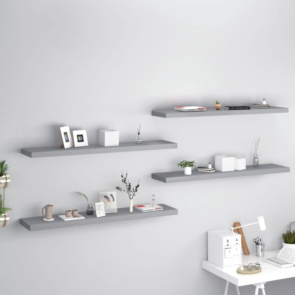 Modern Floating Wall Shelf Set - 4 Pack Gray MDF Ledges 47.2