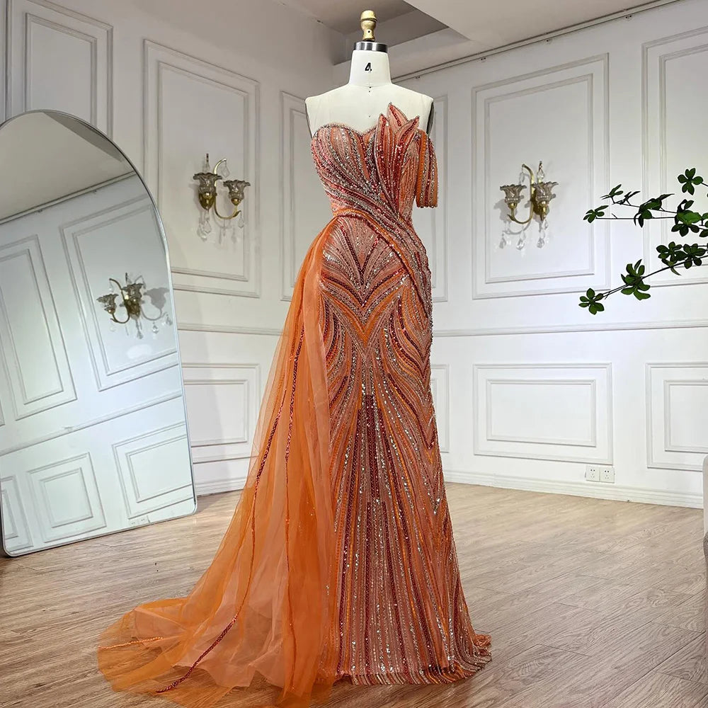 Elegant Arabic Blue One Shoulder Evening Gown with Beaded Side Overskirt - Luxury Dubai Style Women's Party Dress LA72662 for Prom, Gala & Special Occasions