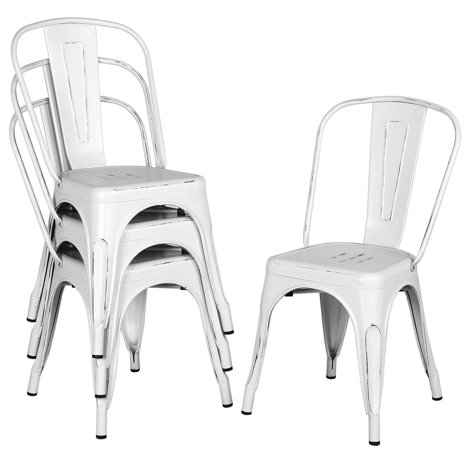 Yaheetech 4-Pack Metal Dining Chairs - Indoor/Outdoor Stackable Bistro Chairs for Patio, Cafe, Restaurant - Distressed White Finish - Perfect for Home Dining, Outdoor Entertaining & Commercial Use