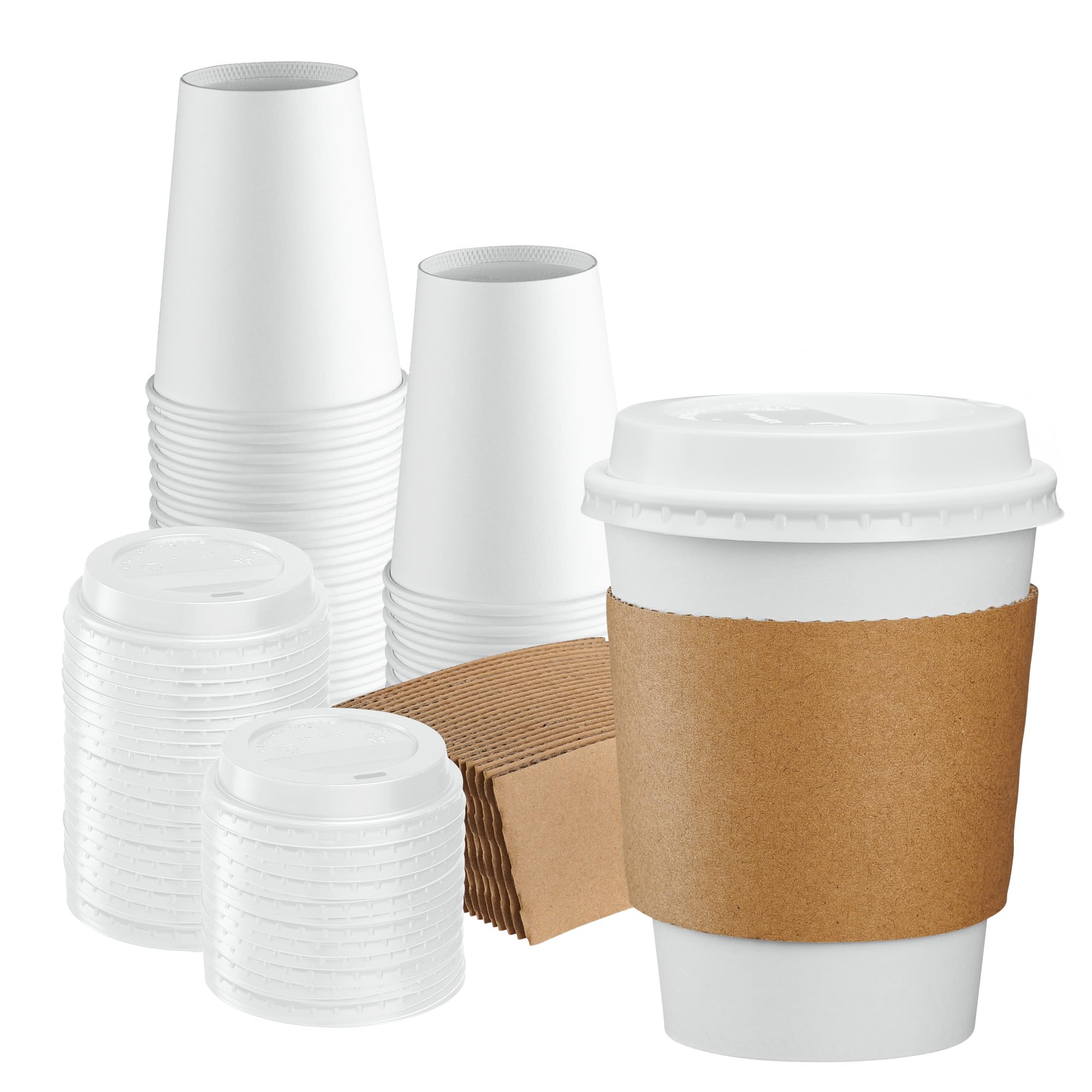 50 Sets 12 oz Disposable White Coffee Cups with Lids & Sleeves - Eco-Friendly Paper Hot Cups for Coffee Shops, Offices & Takeout - Perfect for Hot Beverages On The Go
