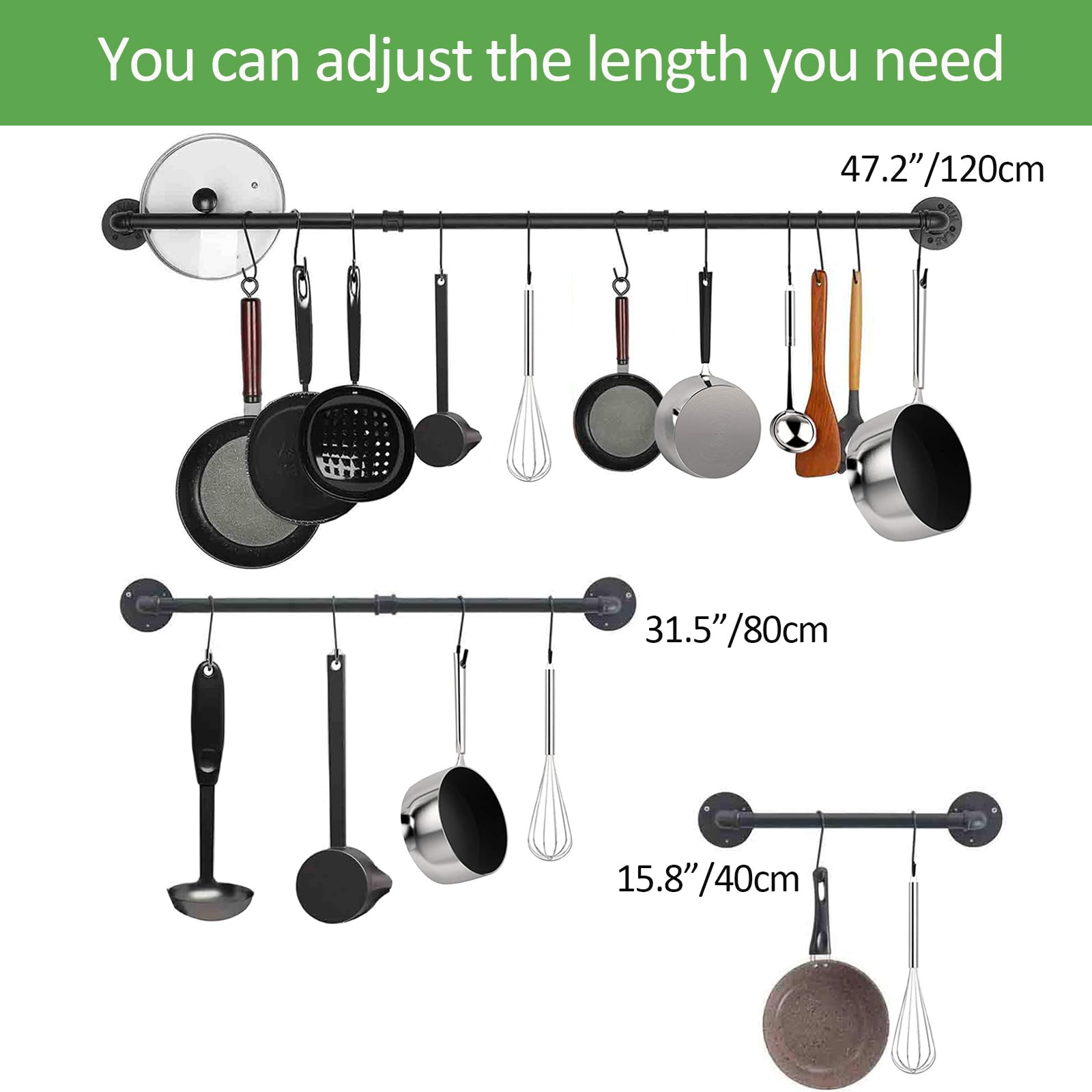 Melody House 47.2 Inch Industrial Pipe Kitchen Rail Rack with 10 S Hooks - Wall Mounted Detachable Utensil Holder for Pots, Pans & Cooking Tools - Perfect for Small Kitchens & Organized Cooking Spaces (Black)