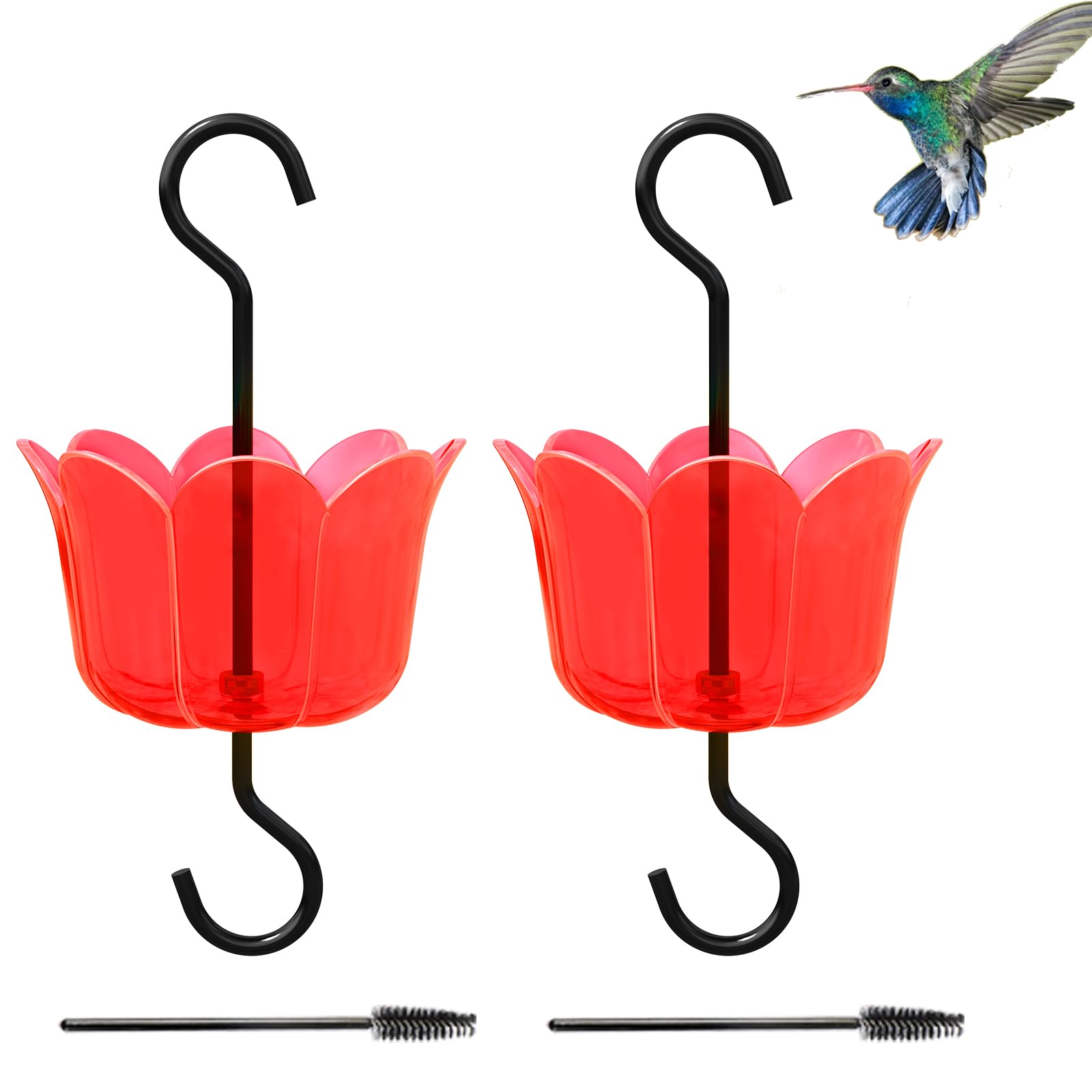 6 OZ x 2 Ant Moat for Hummingbird Feeders - Red Flower Ant Guard with 2 Rustproof S Hooks & Cleaning Brushes | Durable Plastic & Metal Hummingbird Feeder Accessories | Perfect for Outdoor Bird Watching & Garden Decoration