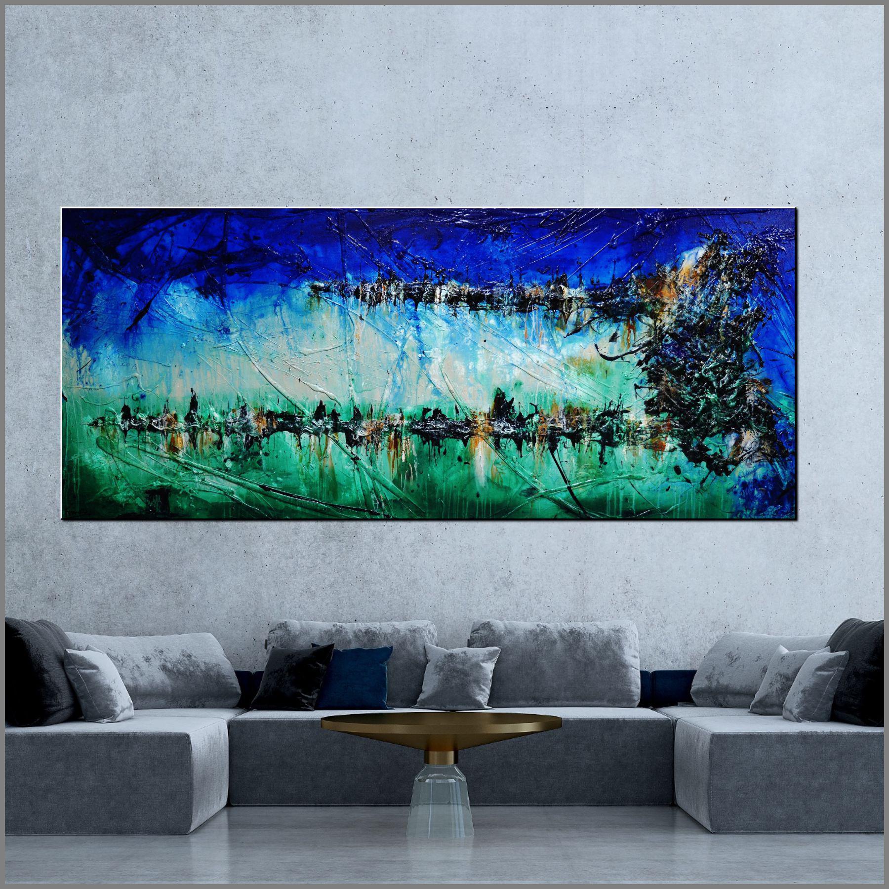 240cm x 100cm Blue Green Textured Abstract Nature Wall Art Painting - Perfect for Living Room, Bedroom & Office Decor