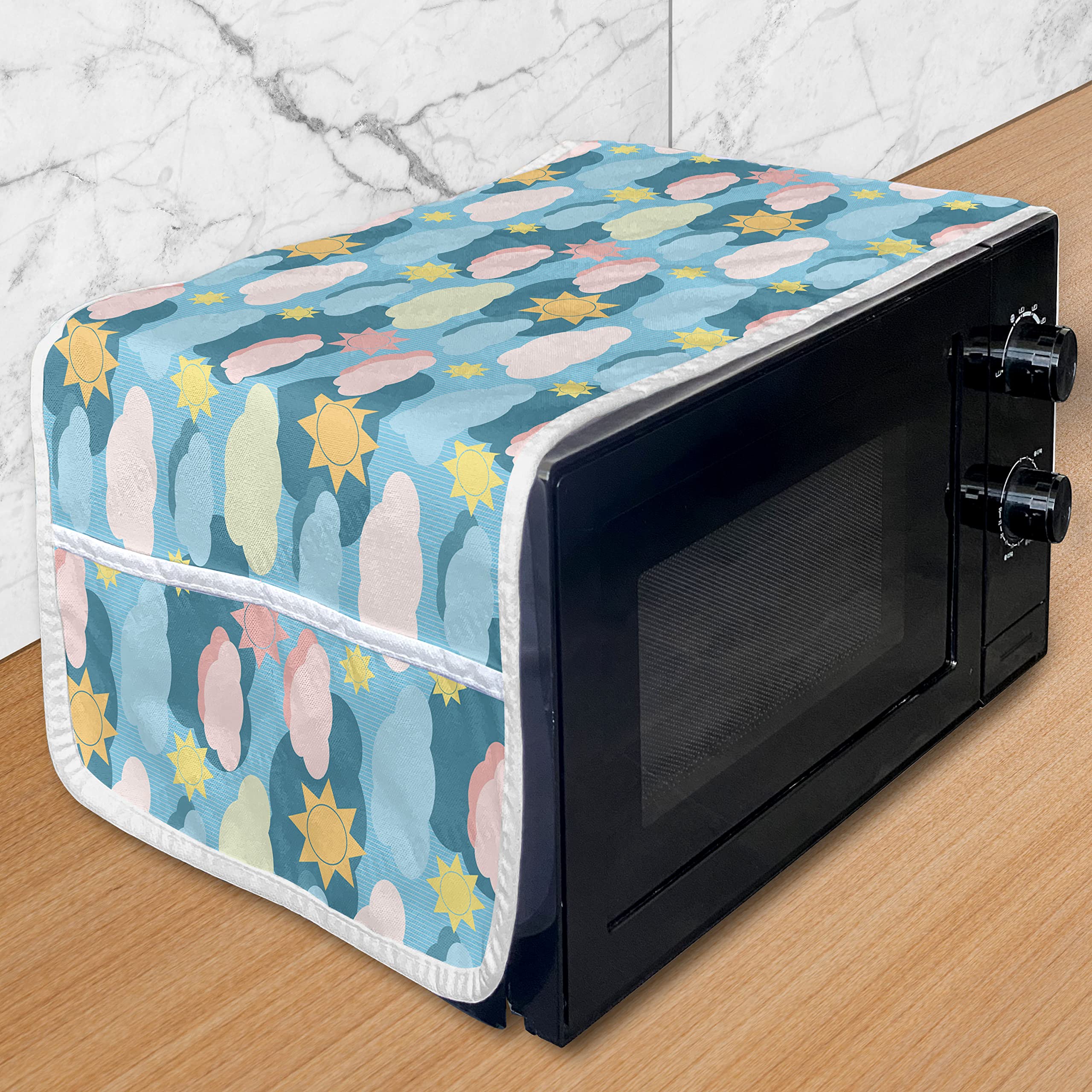 Ambesonne Microwave Oven Cover - Weather Themed Clouds & Suns Design with Striped Background - Waterproof Kitchen Organizer with Pockets - 36