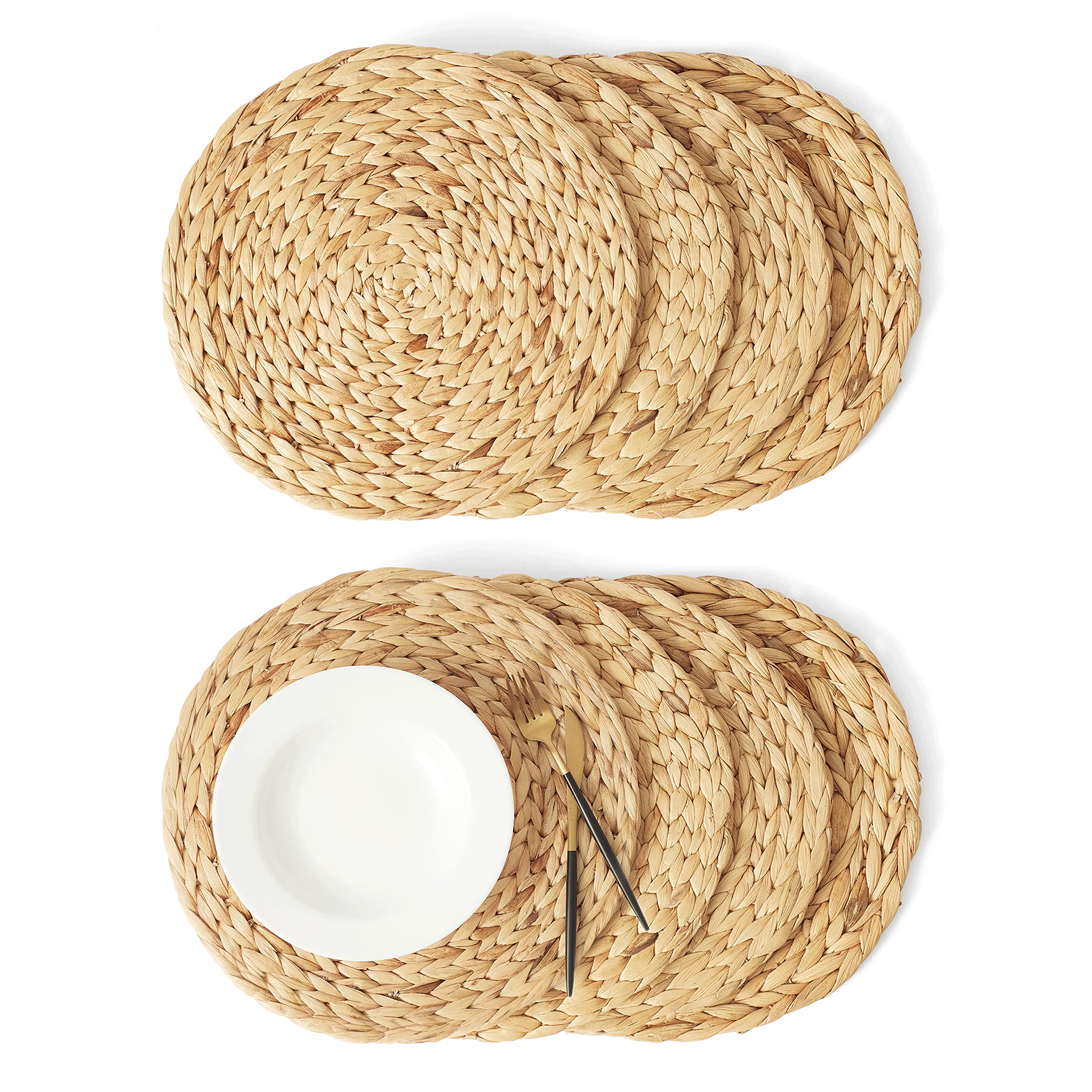 Artera Boho Round Woven Placemats - Set of 4 Natural Wicker Water Hyacinth Straw Braided Heat Resistant Non-Slip Handmade Placemats (15