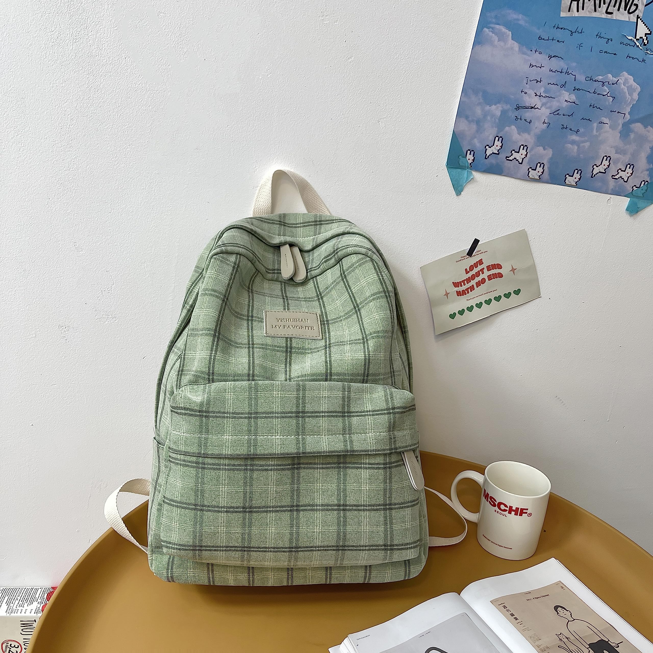 JHTPSLR Light Academia Aesthetic Backpack - Plaid Preppy School Bag for Teen Girls, Sage Green Bookbag | Perfect for College, High School & Daily Use
