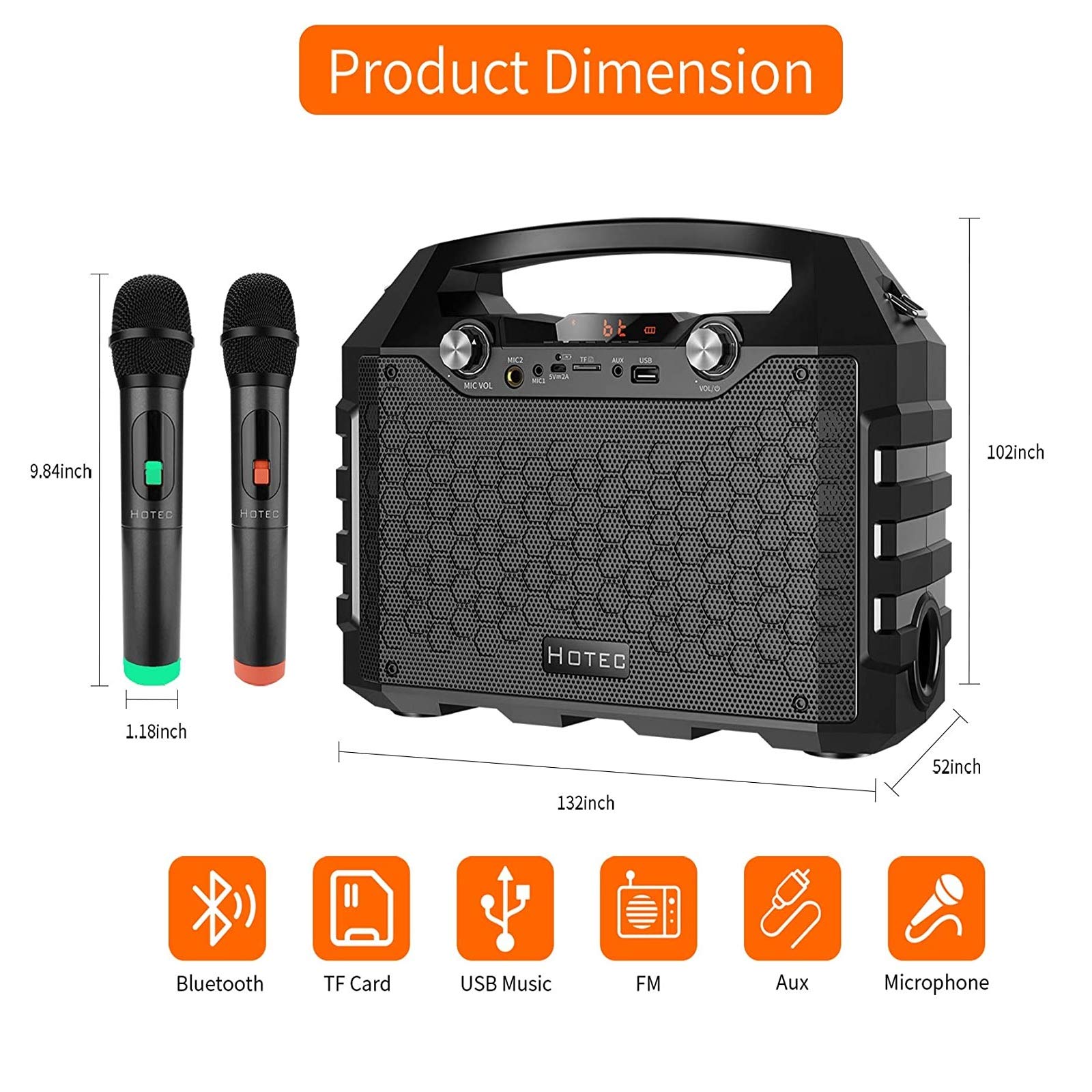 Hotec Wireless Bluetooth PA Speaker with Dual Microphones - Portable Karaoke Machine for Party, Wedding, Teaching | Indoor & Outdoor Use for Events, Church, Lectures, Classroom Activities