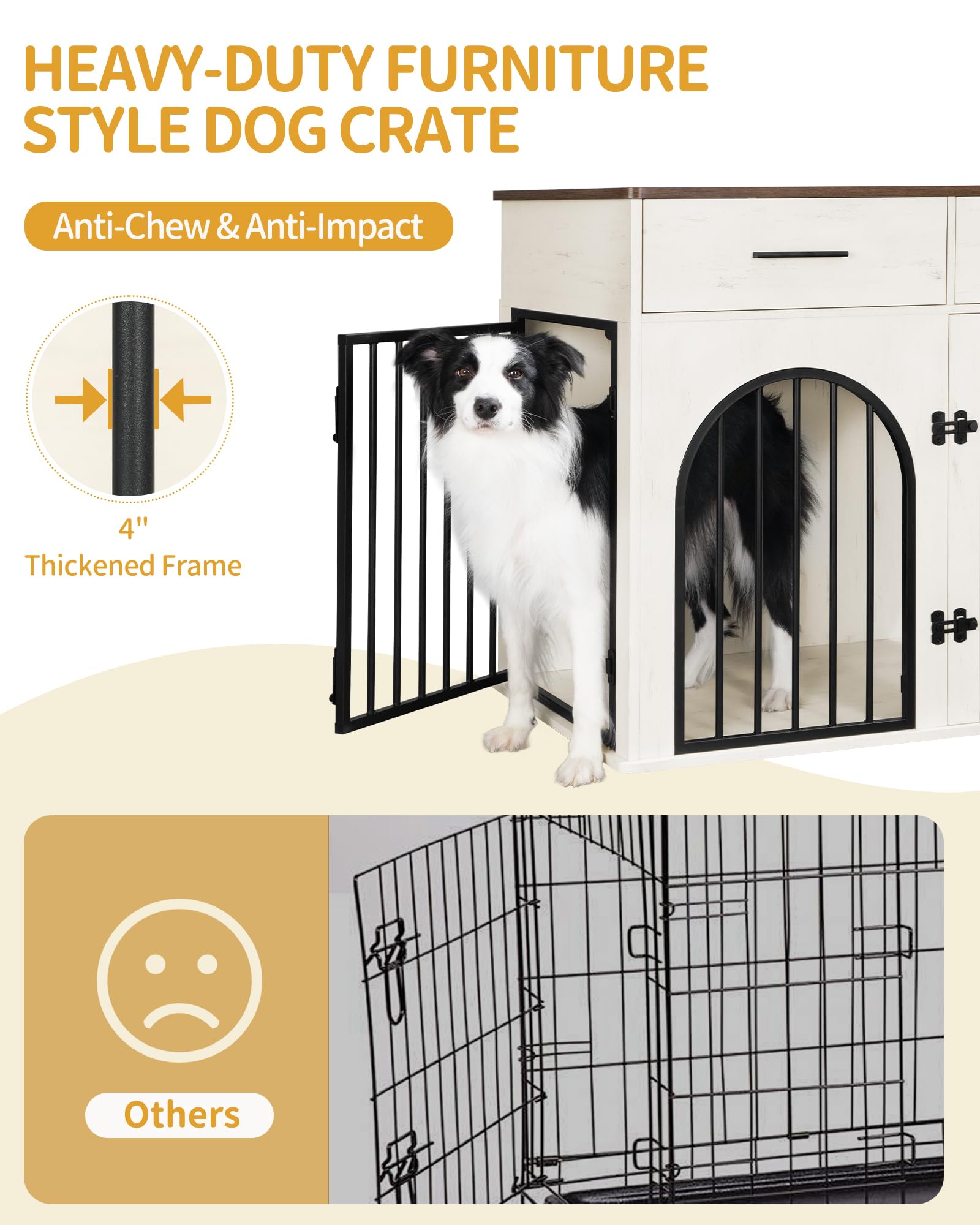 39.4'' Wooden Dog Crate Furniture with 2 Drawers & Charging Station - Indoor Dog Kennel Cage Side End Table for Medium/Large Dogs - White Brown DFC84214B - Perfect for Living Room, Bedroom & Home Office Decor