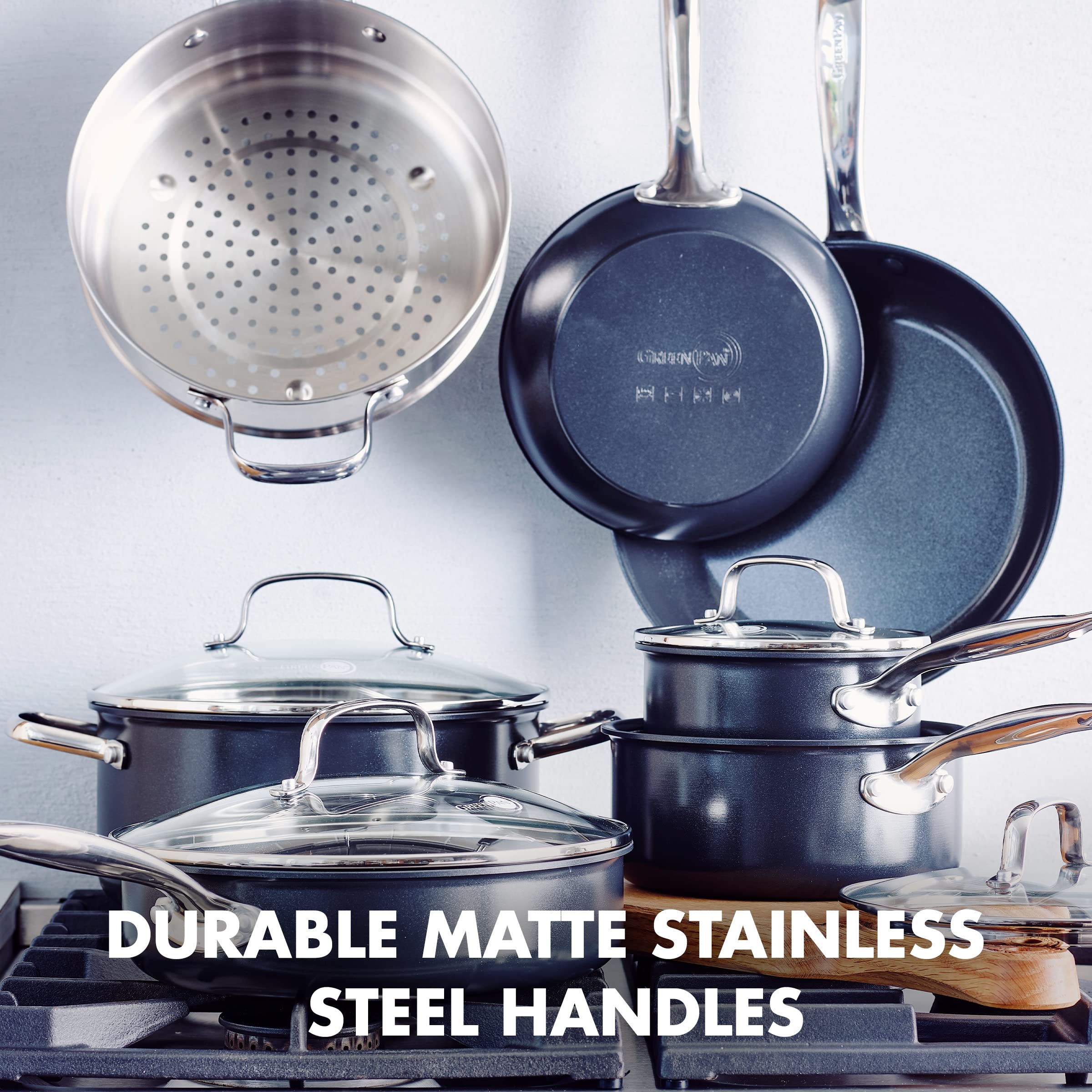 GreenPan Chatham Black Prime Midnight 11-Piece Nonstick Cookware Set – PFAS-Free, Dishwasher & Oven Safe, Hard Anodized Healthy Ceramic Coating – Perfect for Everyday Cooking, Family Meals & Professional Kitchens