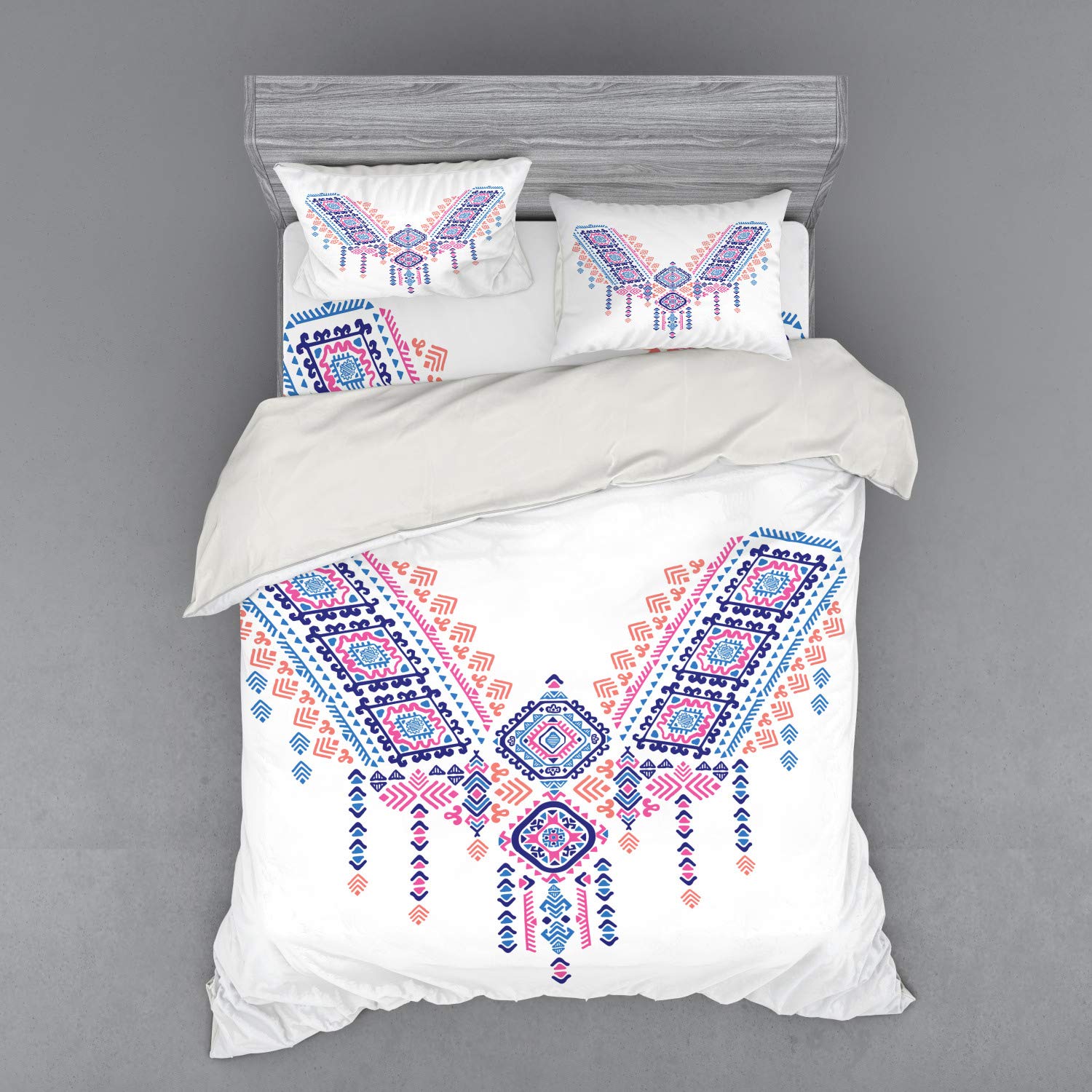 Ambesonne Tribal Duvet Cover Set - Queen Size 4-Piece Bohemian Bedding with Geometric Aztec Print, Coral Pink & Blue - Perfect for Bohemian & Retro Bedroom Decor