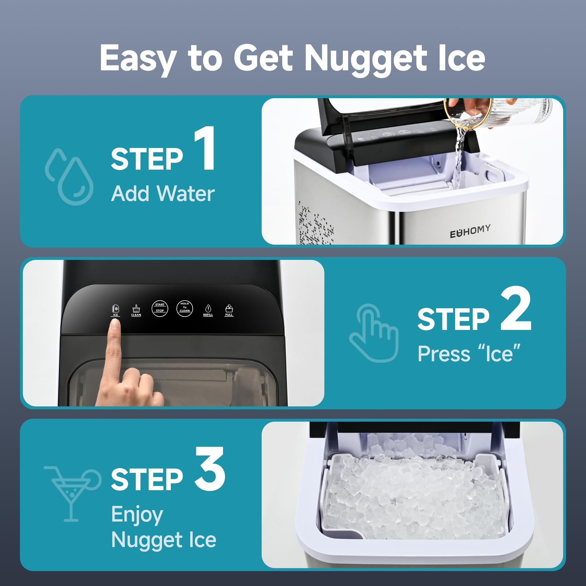 EUHOMY Countertop Nugget Ice Maker - 35lbs/24H, 8-Minute Fast Ice Production, Self-Cleaning Portable Ice Machine with Scoop & Basket - Chewable Pellet Ice for Home, Office, Parties, RV, Camping & Outdoor Adventures