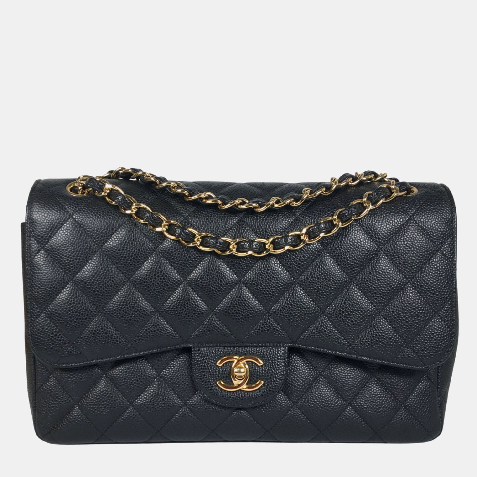 Luxury Black Caviar Leather Jumbo Classic Double Flap Shoulder Bag for Women | Designer Handbag for Work, Travel & Evening Events | Timeless Chanel-Inspired Fashion Accessory