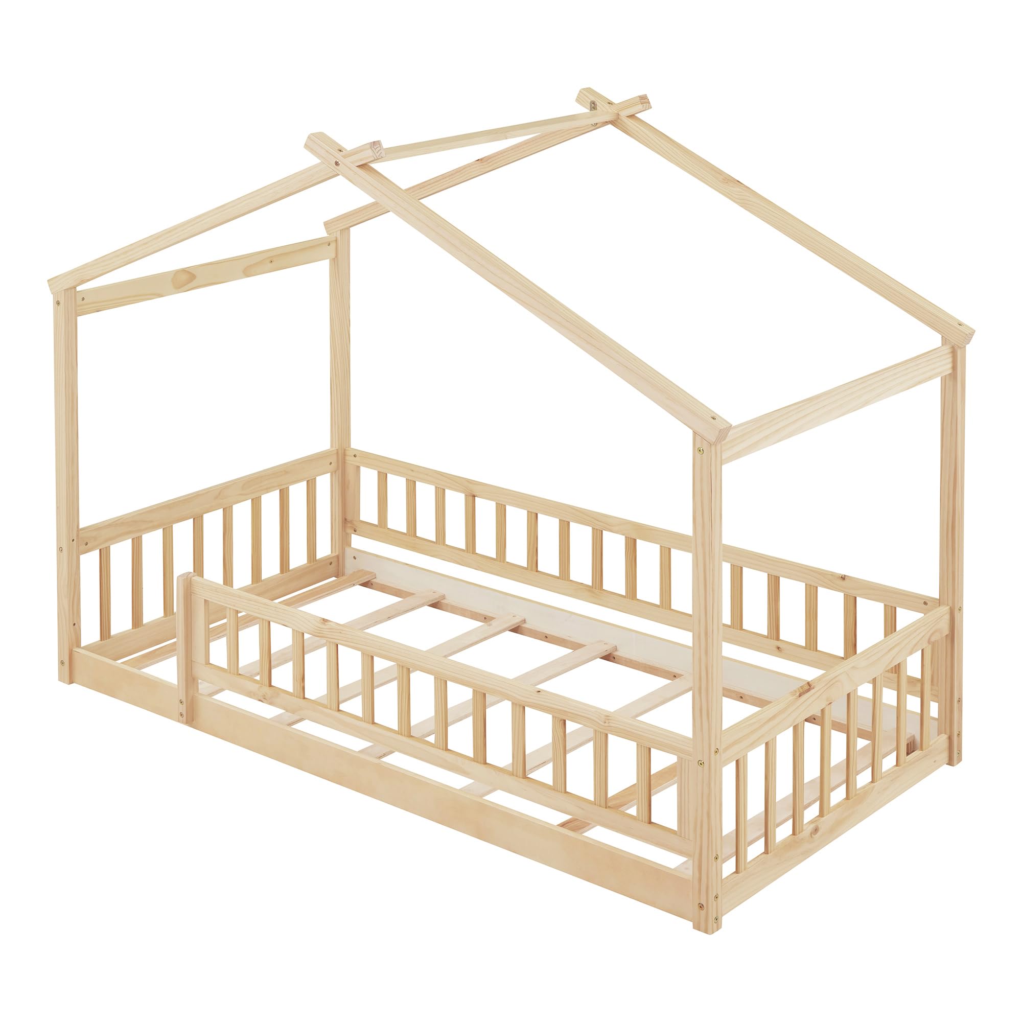 Merax Twin Size Wooden House Bed Frame with Roof & Safety Fence - Sturdy Kids Bed for Boys & Girls, Natural Wood Finish - Perfect for Nursery, Bedroom & Playroom Decor