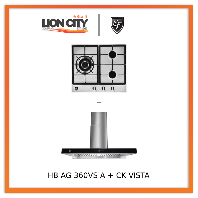 EF HB AG 360VS 58cm Built-in Gas Hob + CK VISTA 90cm Stainless Steel Cooker Hood - Modern Kitchen Cooking Solution for Home Chefs