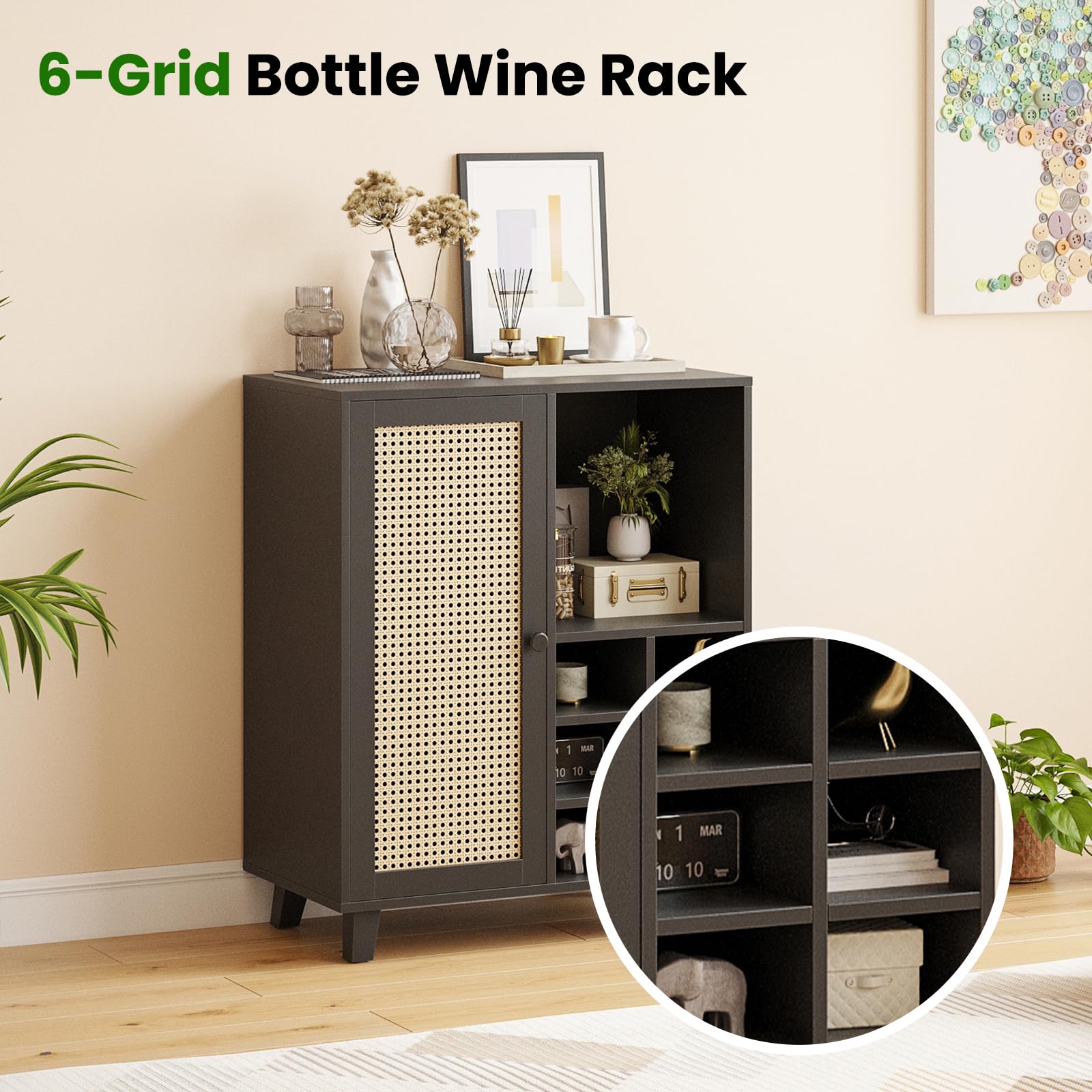 Farini 47 Inch Sideboard Cabinet with Storage & Wine Racks - Modern Wine Bar Buffet Cabinet for Living Room, Kitchen, Dining Room - Black | Perfect for Home Entertaining & Wine Storage