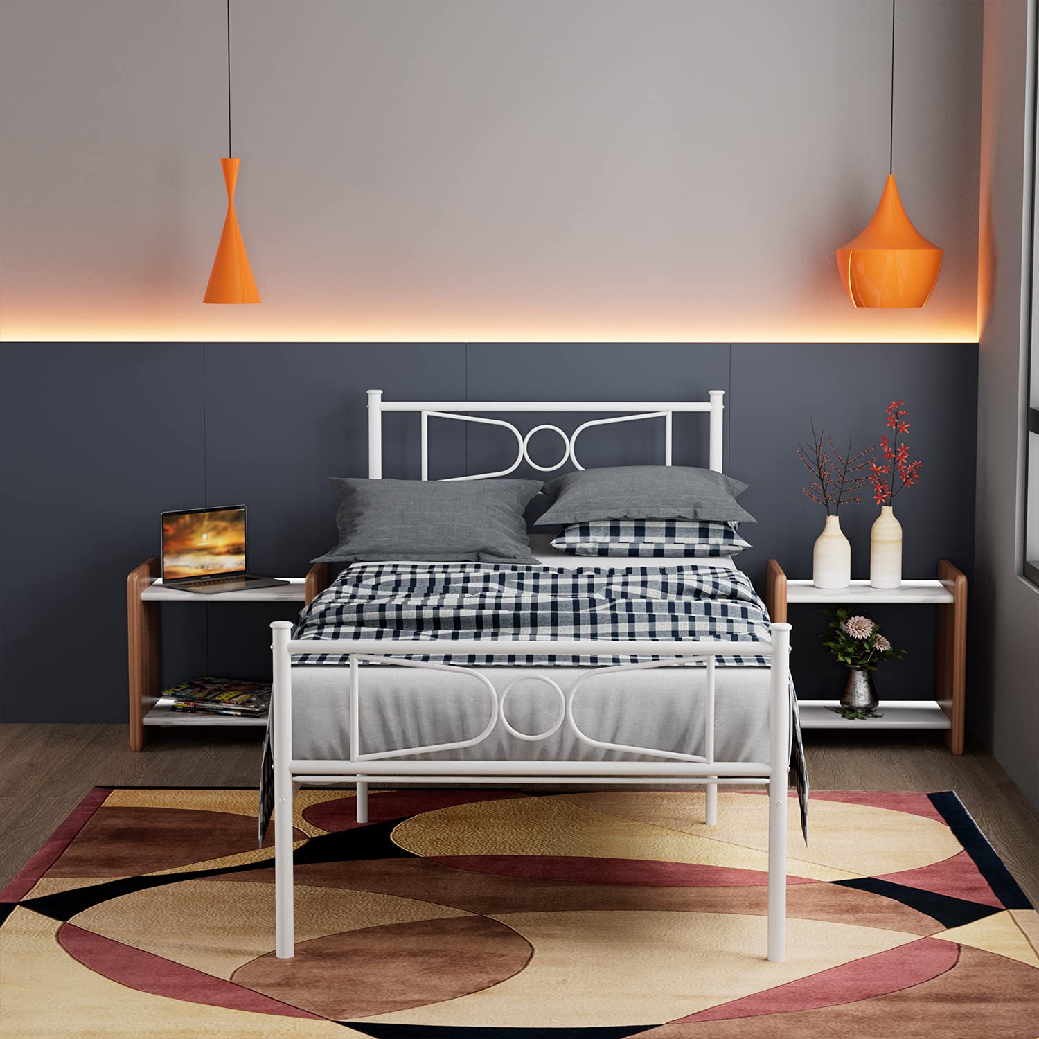 White Twin Bed Frame with Storage for Girls & Boys - Sturdy Metal Platform Bed with Headboard & Footboard, No Box Spring Needed - Perfect for Teenagers, Students & Small Bedrooms