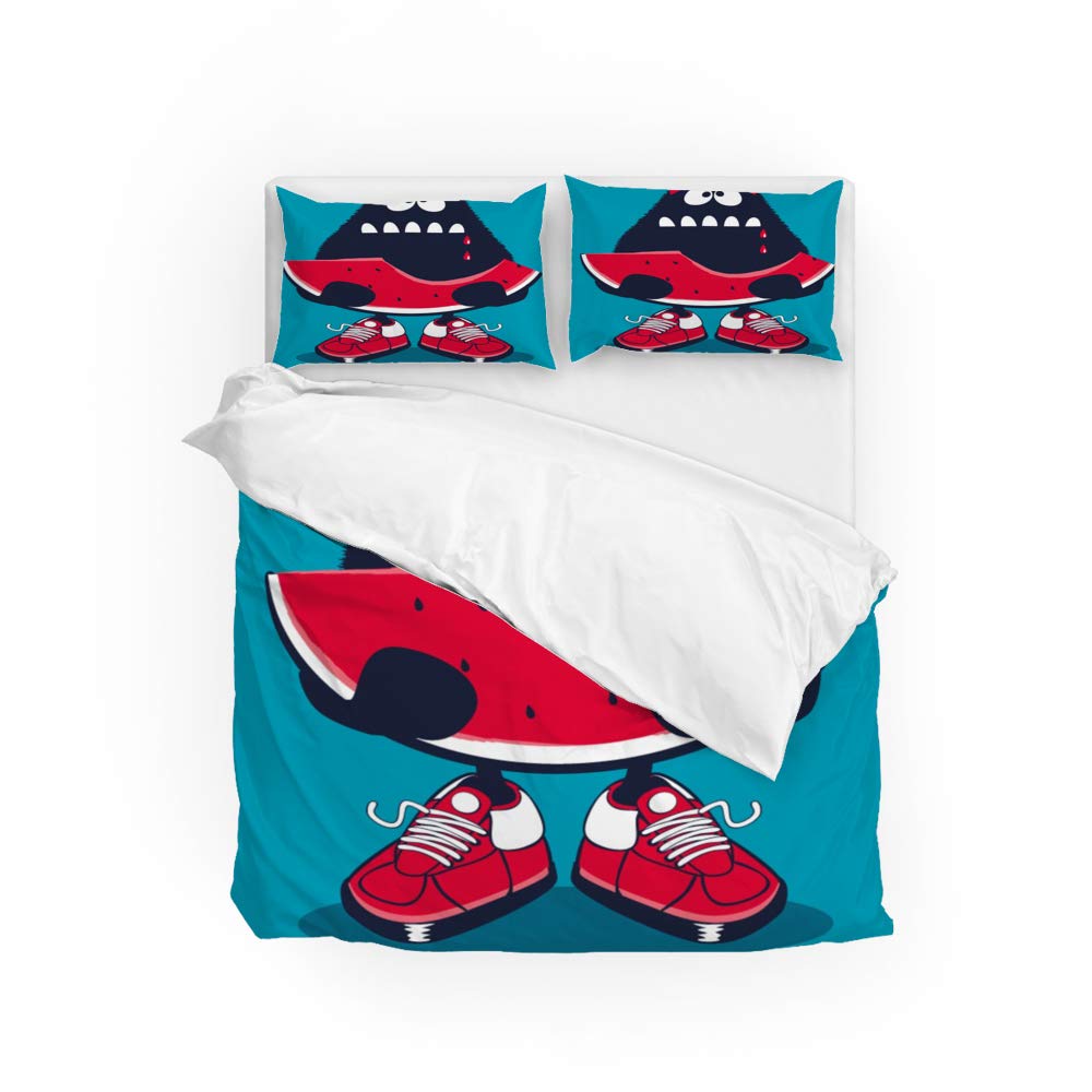 Cute Monster Watermelon Duvet Cover Set - 3 Piece Breathable Comforter & Pillow Shams - Soft Farmhouse Style All Seasons Bedding for Hotel, Resort & Home Decor